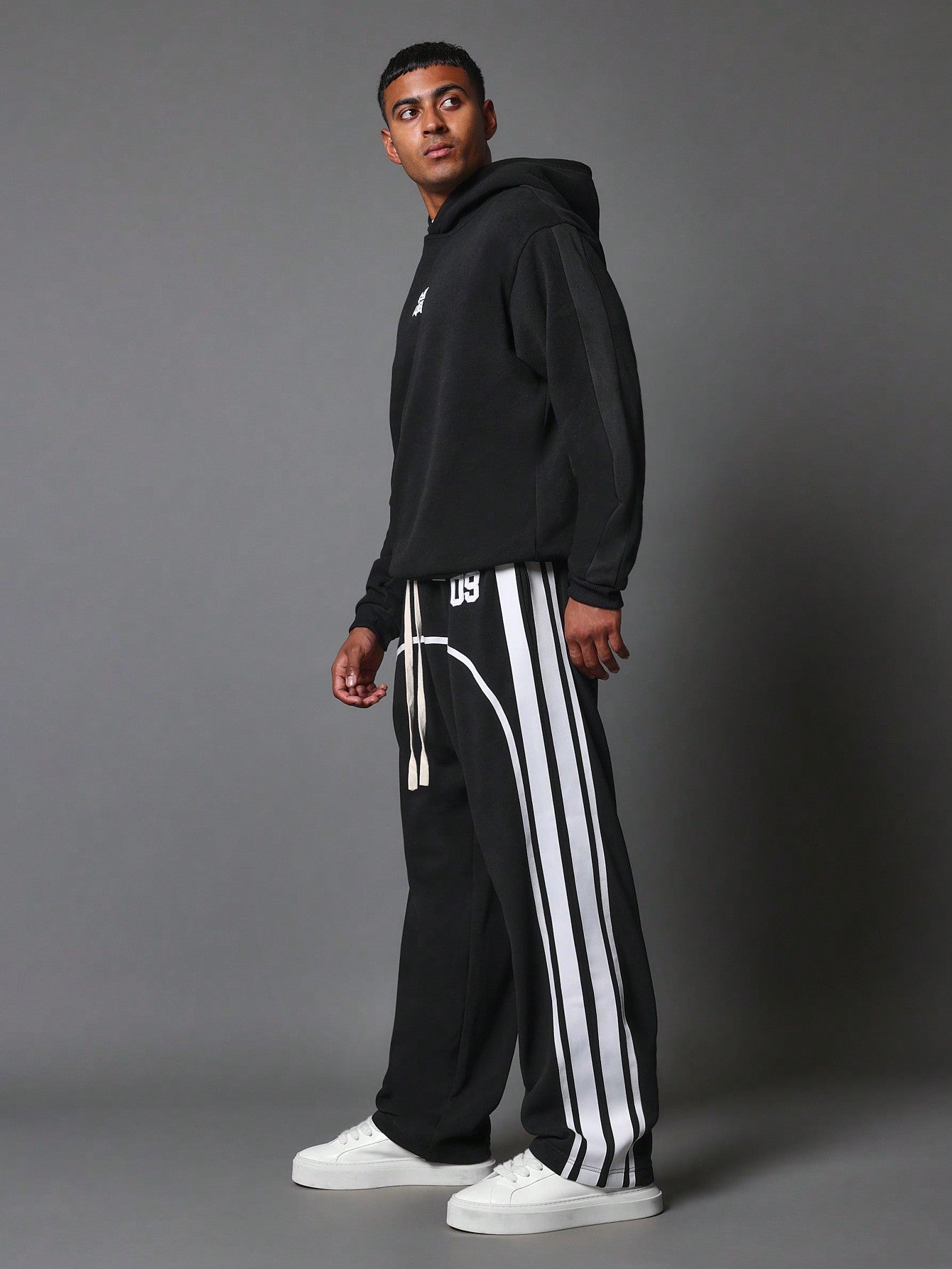 Straight Fit Pull On Drop Crotch Sweatpants With Side Tape & Applique