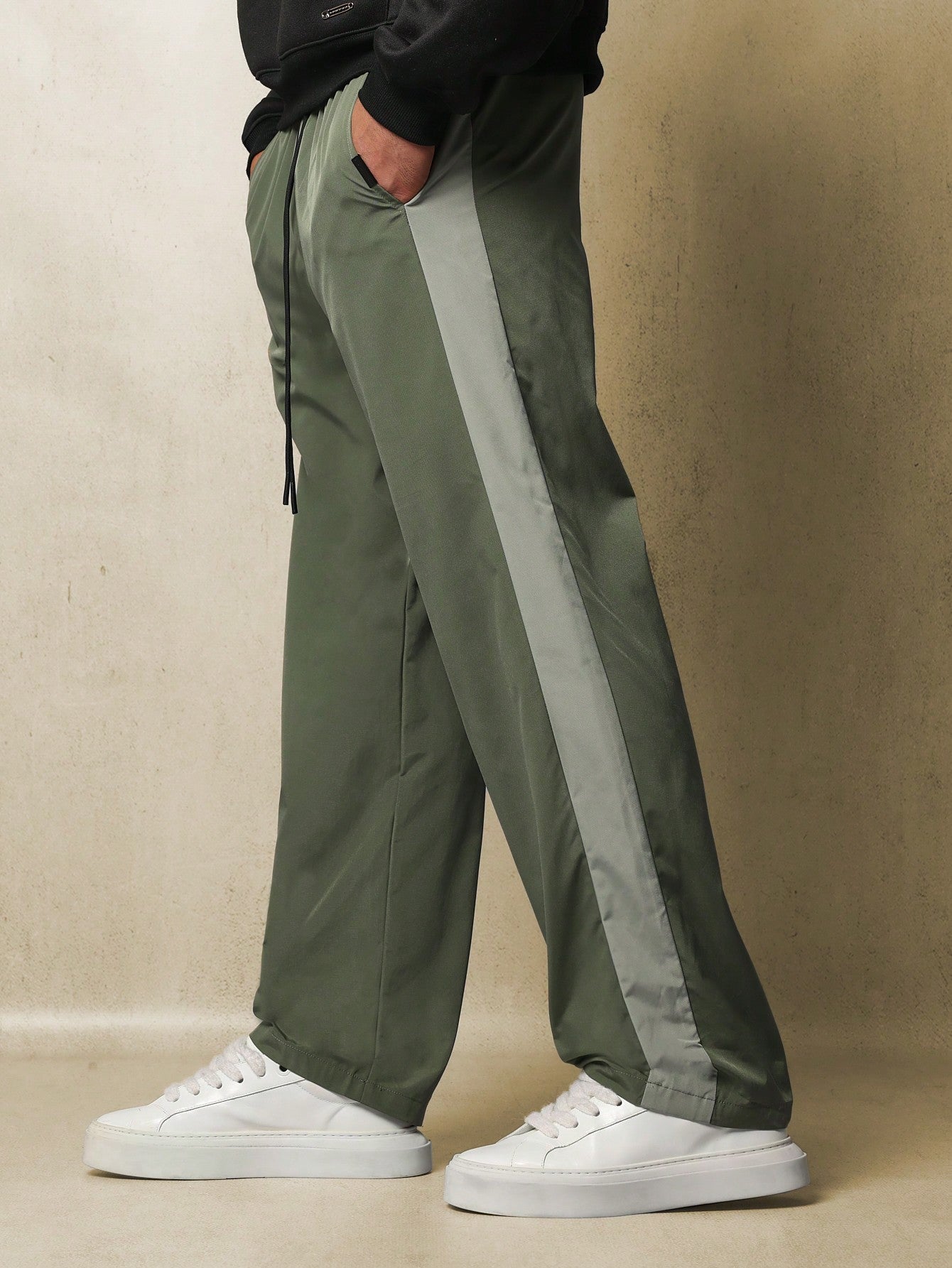 Straight Fit Drop Crotch Contrast Panel Nylon Pant