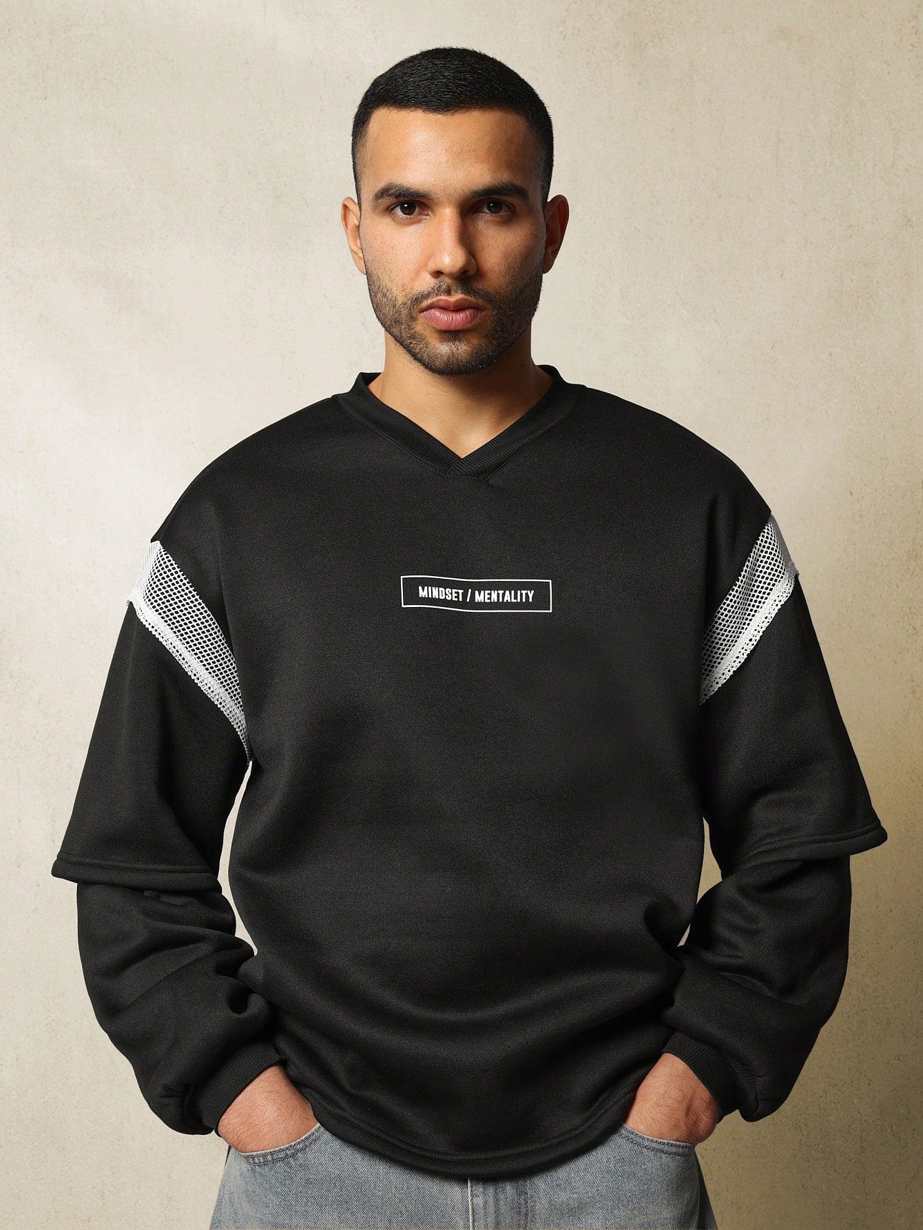 Oversized Fit Rugby Jersey V-Neck Double Layer Sleeve Sweatshirt With Mesh & Graphic Print