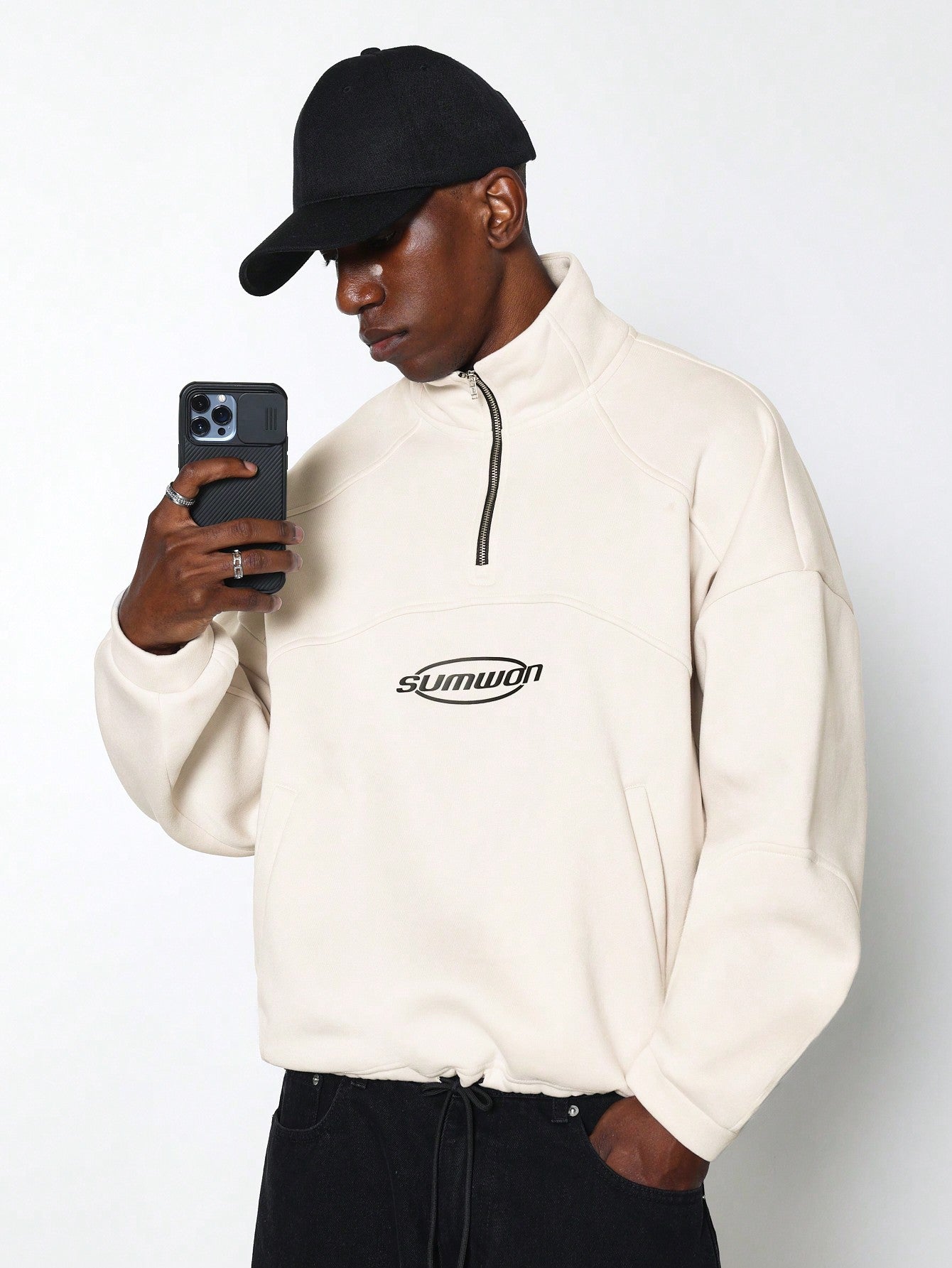 Regular Fit Half Zip Funnel Neck Sweatshirt With Small Graphic Print And Waistband Drawcord