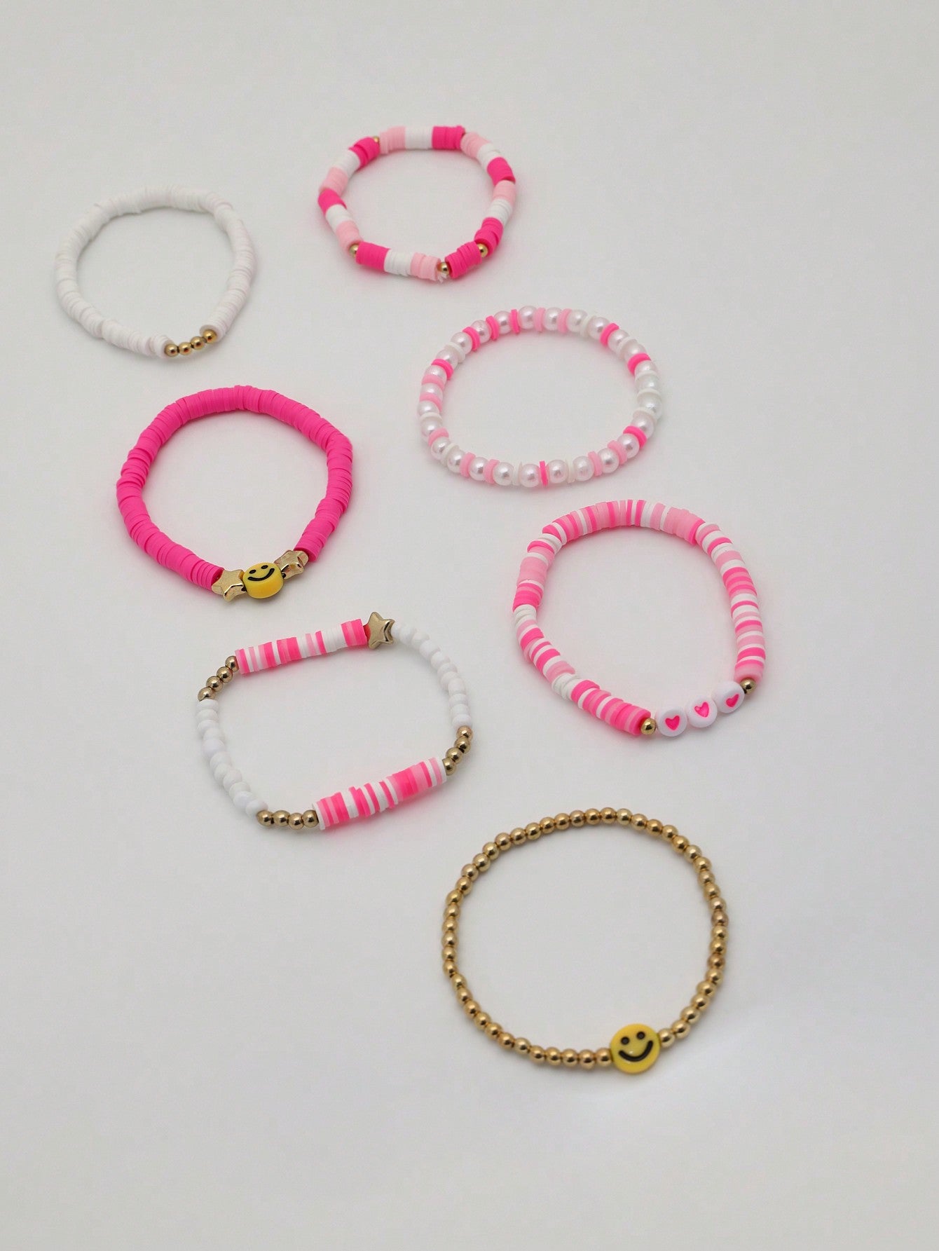 7 Pcs Pink Smile, Heart Beads & Gold Elastic Bracelet For Girls Bracelets