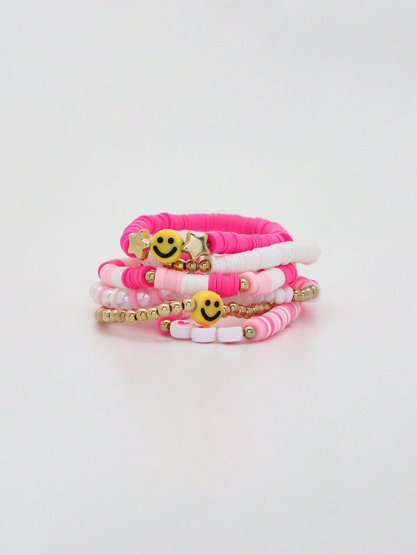 7 Pcs Pink Smile, Heart Beads & Gold Elastic Bracelet For Girls Bracelets