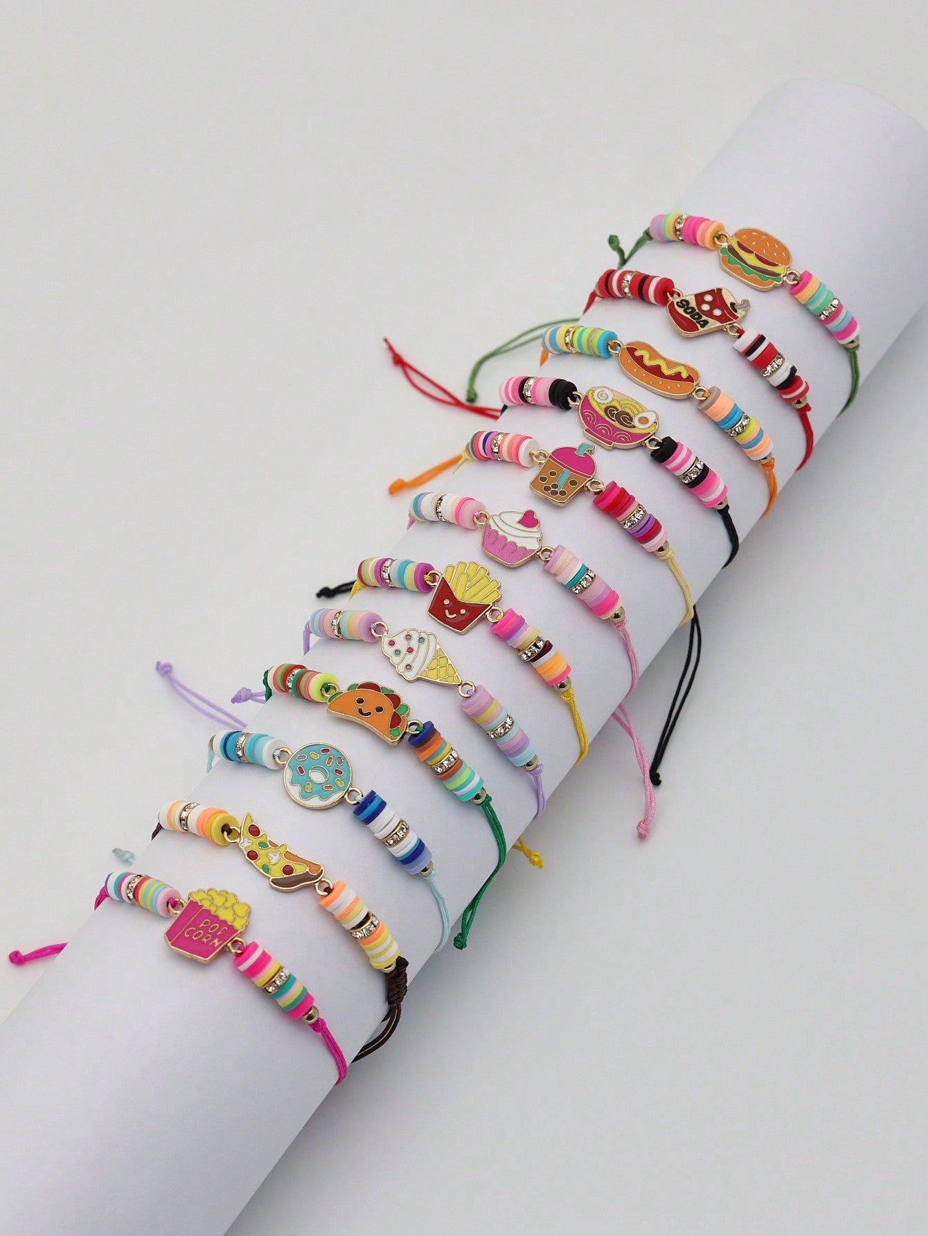 12 Pcs Snacks Themed Colourful Beaded Girls Adjustable Bracelets