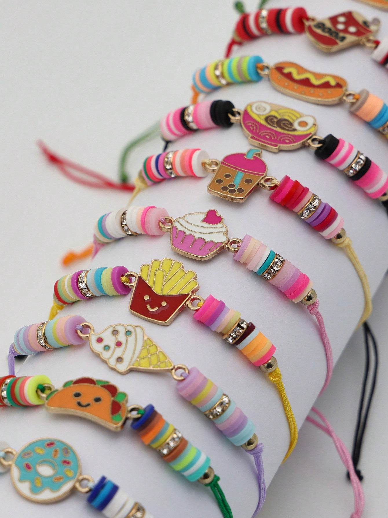 12 Pcs Snacks Themed Colourful Beaded Girls Adjustable Bracelets