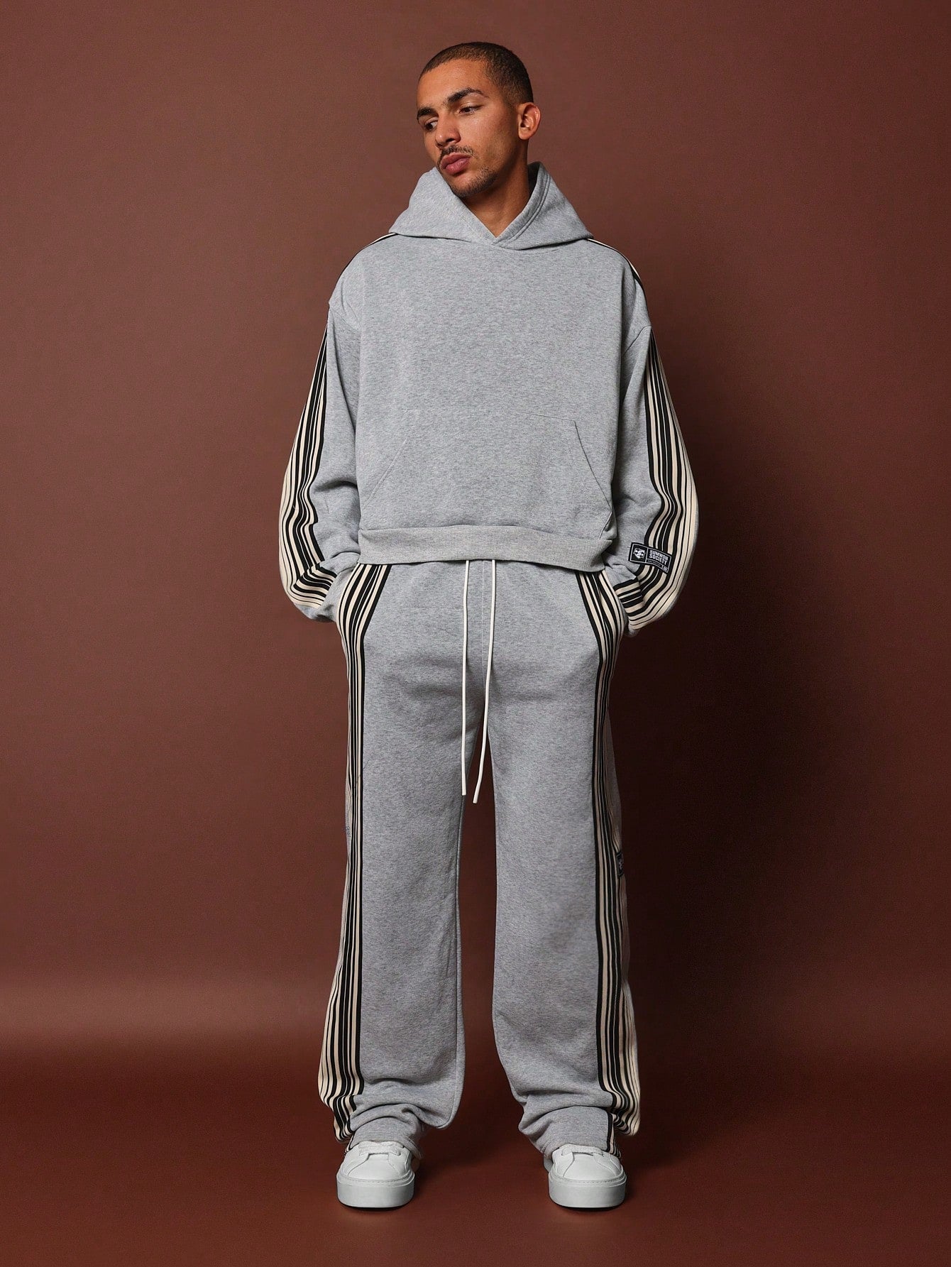 Crop Fit Overhead Hoodie And Drop Crotch Sweatpants With Side Tape 2 Piece Set