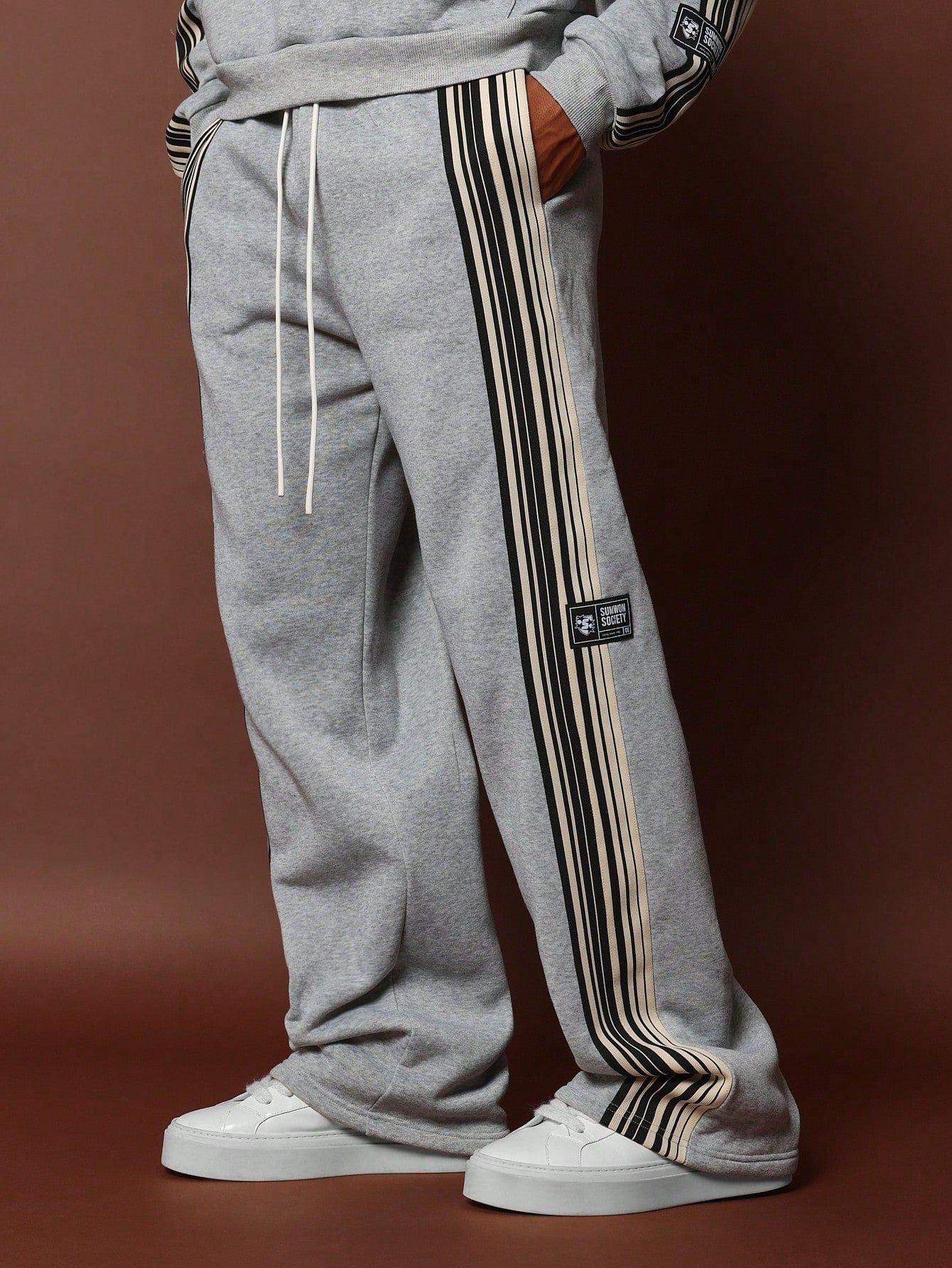 Crop Fit Overhead Hoodie And Drop Crotch Sweatpants With Side Tape 2 Piece Set