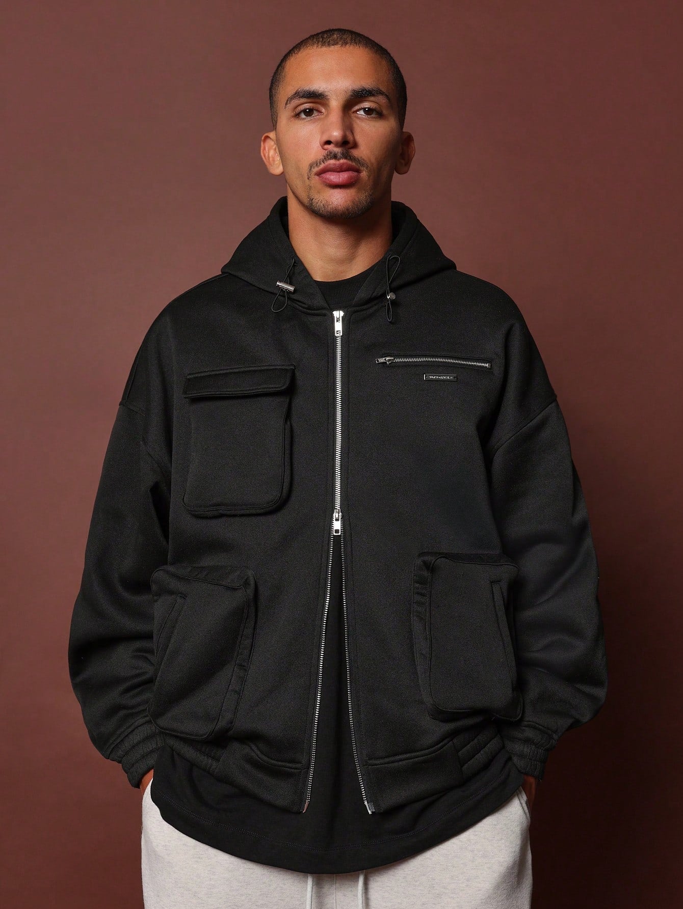 Oversized Zip Through Utility Hoodie With Exposed Pockets