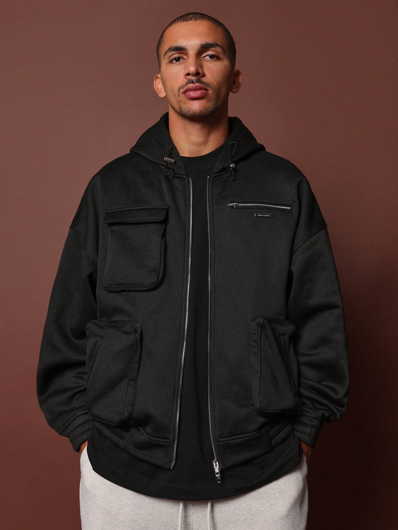 Oversized Zip Through Utility Hoodie With Exposed Pockets