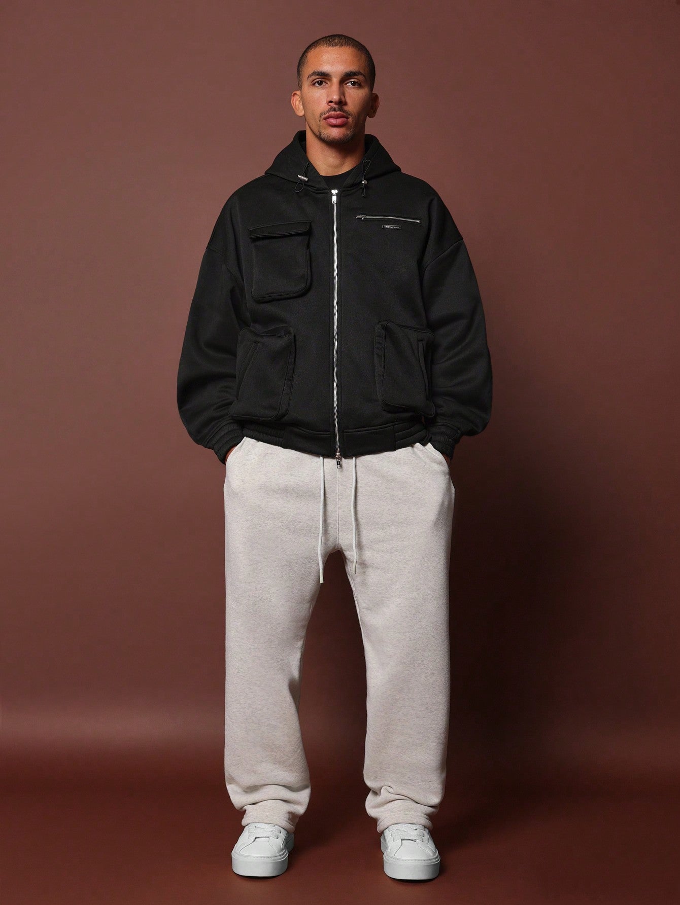 Oversized Zip Through Utility Hoodie With Exposed Pockets