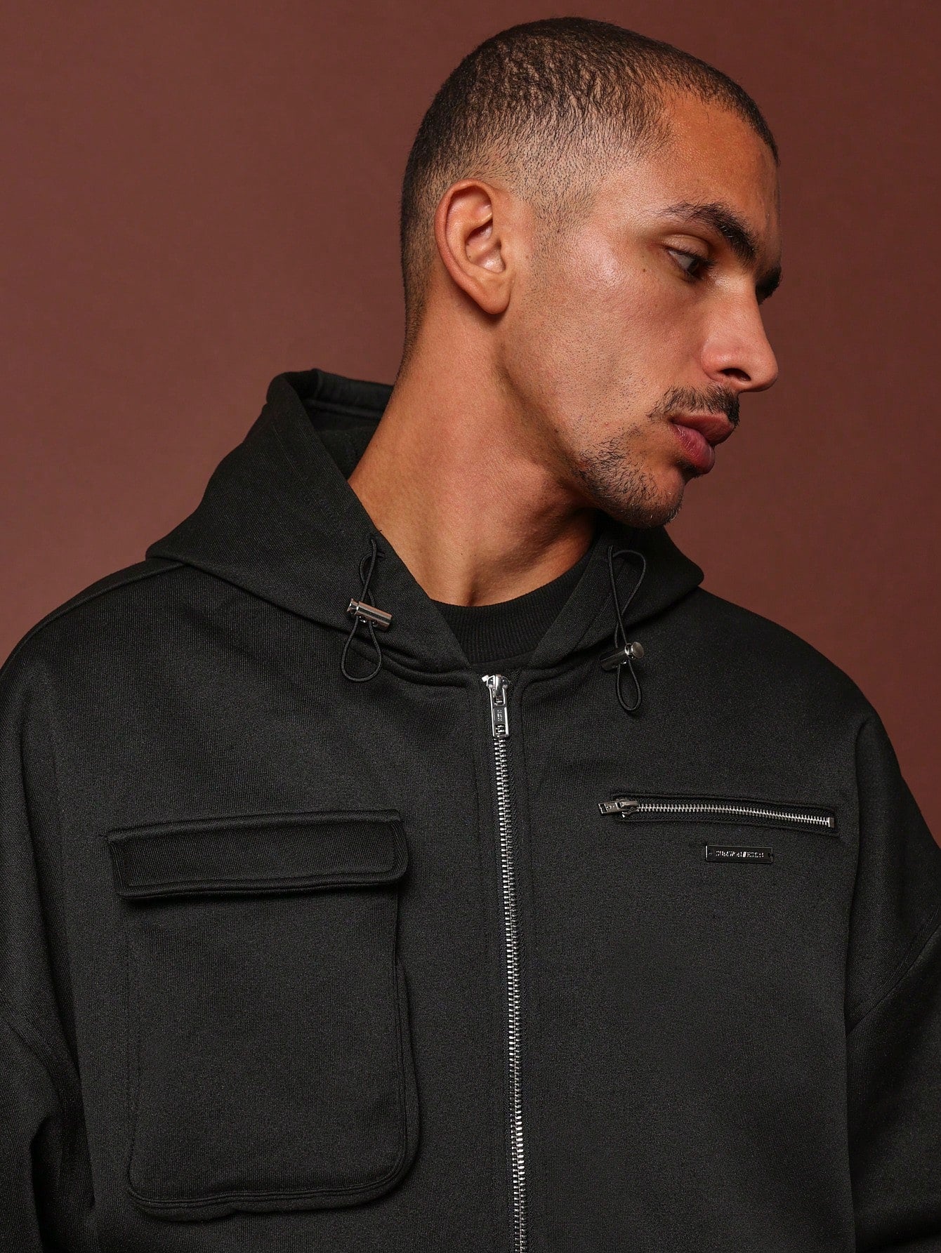 Oversized Zip Through Utility Hoodie With Exposed Pockets