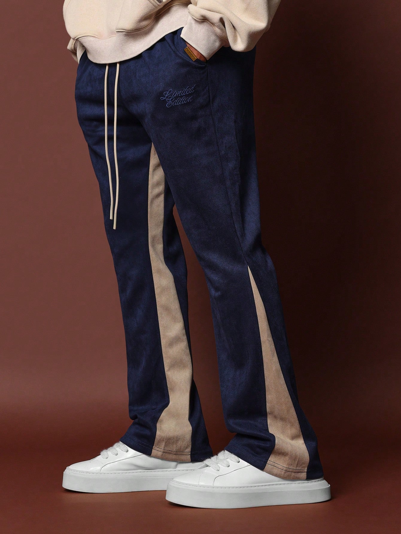 Suedette Flare Fit Contrast Side Panel Sweatpants With Drawstrings