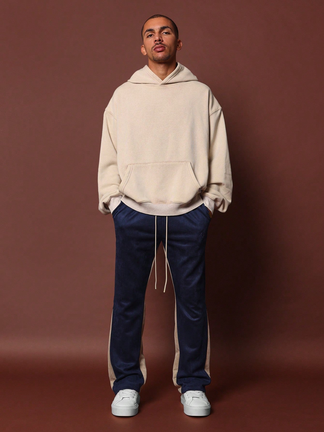 Suedette Flare Fit Contrast Side Panel Sweatpants With Drawstrings