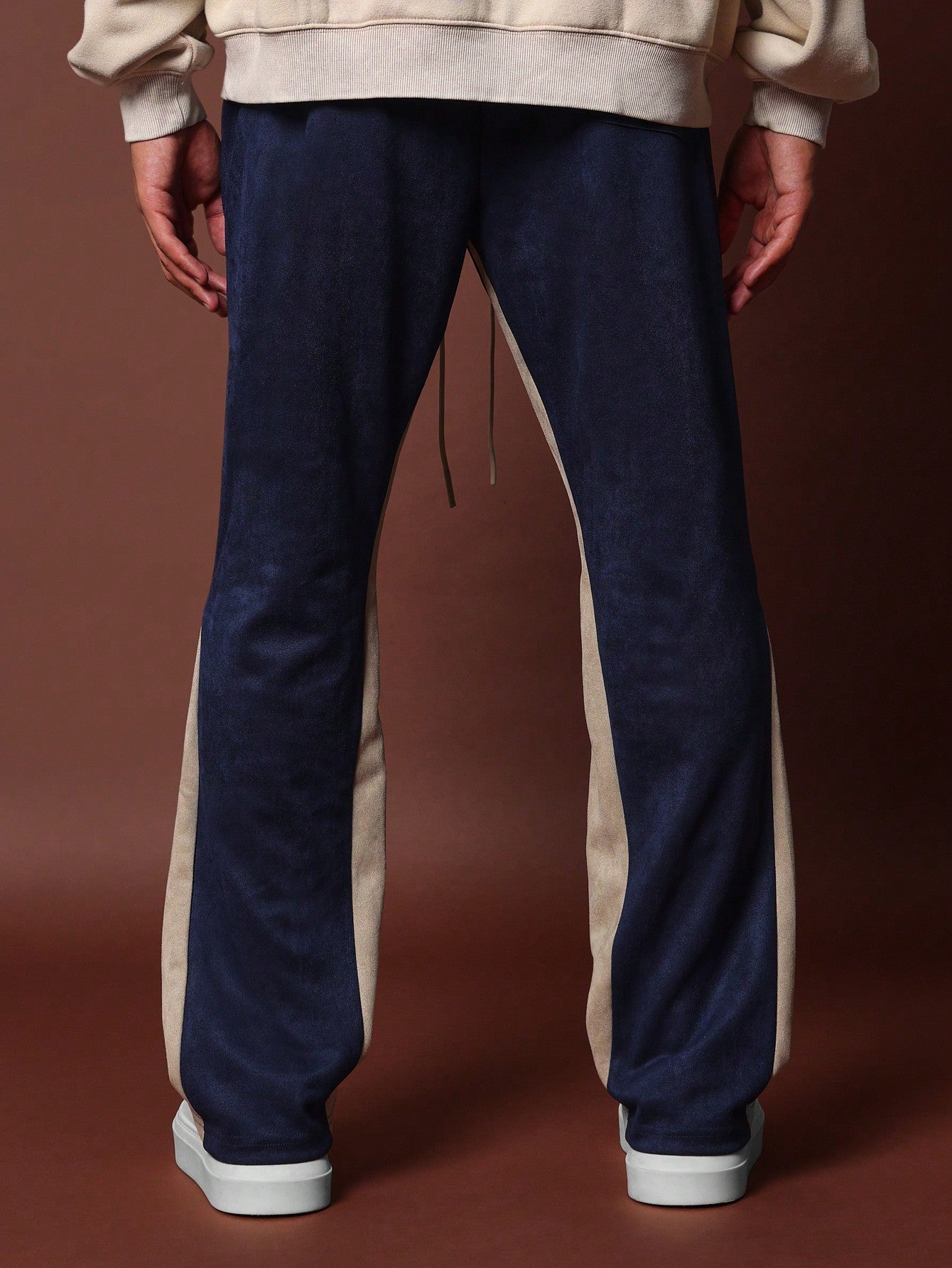 Suedette Flare Fit Contrast Side Panel Sweatpants With Drawstrings