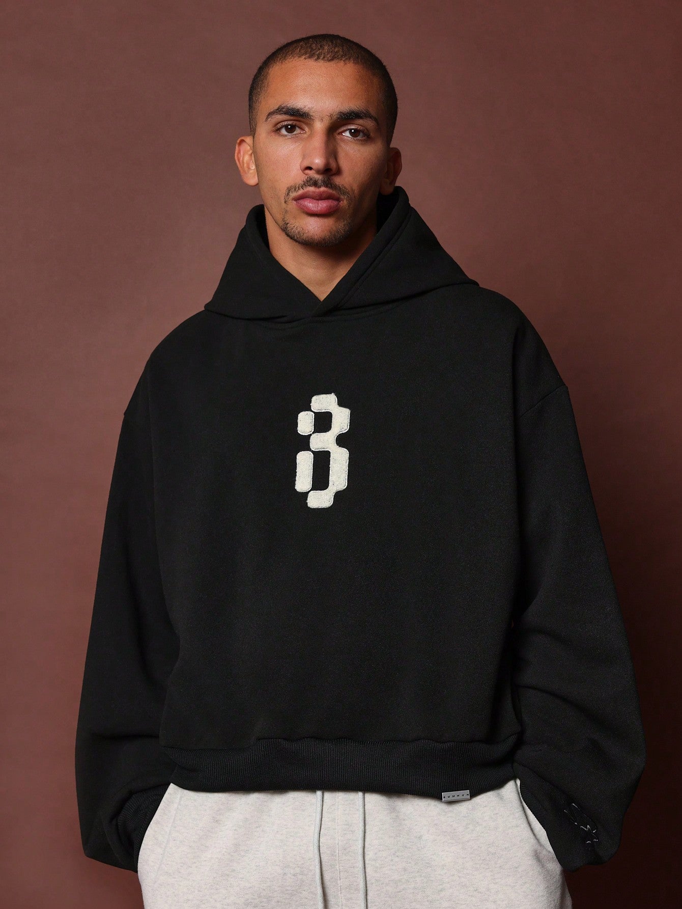 Cropped Overhead Hoodie With Towel Print And Embroidery