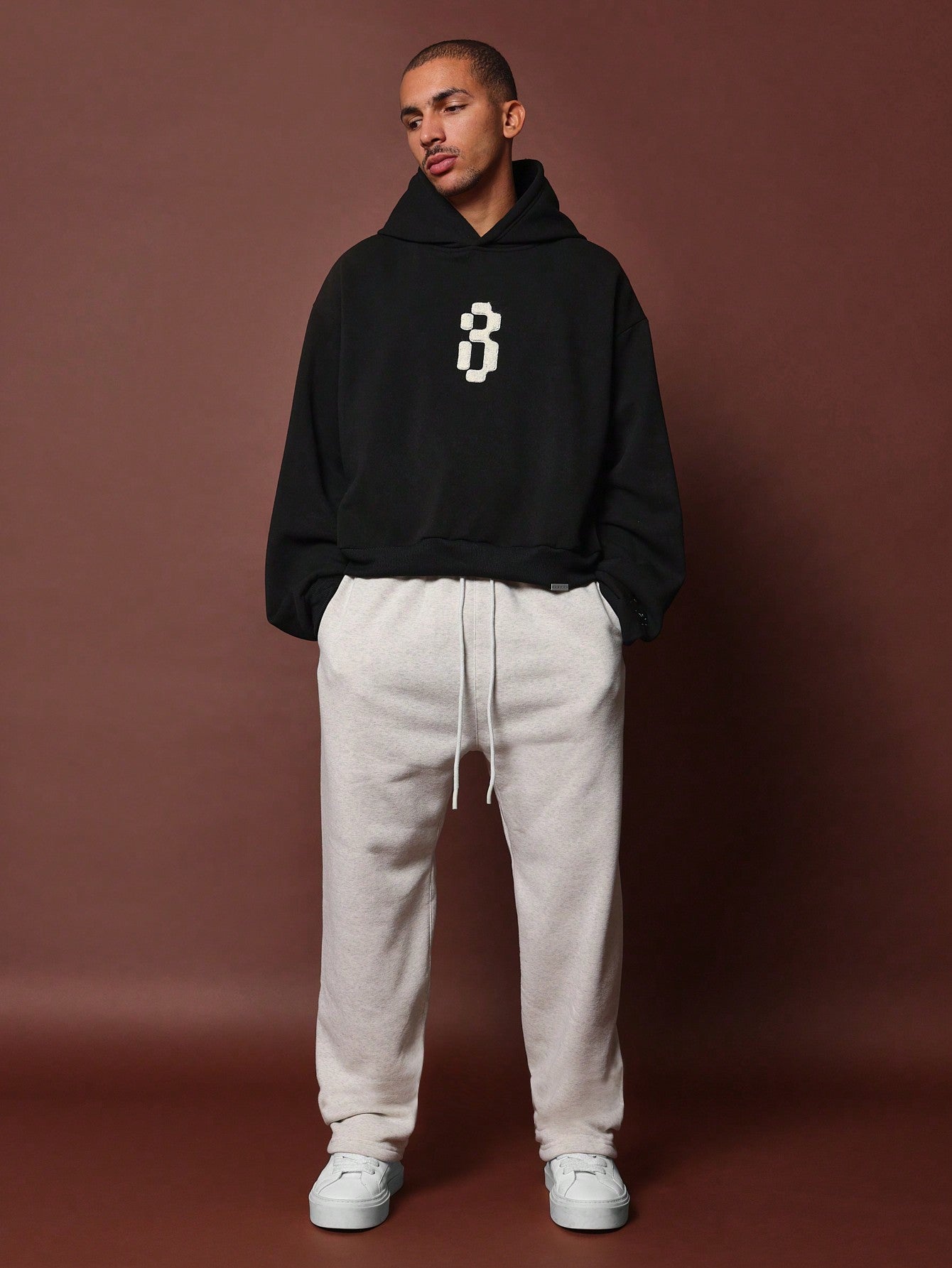 Cropped Overhead Hoodie With Towel Print And Embroidery