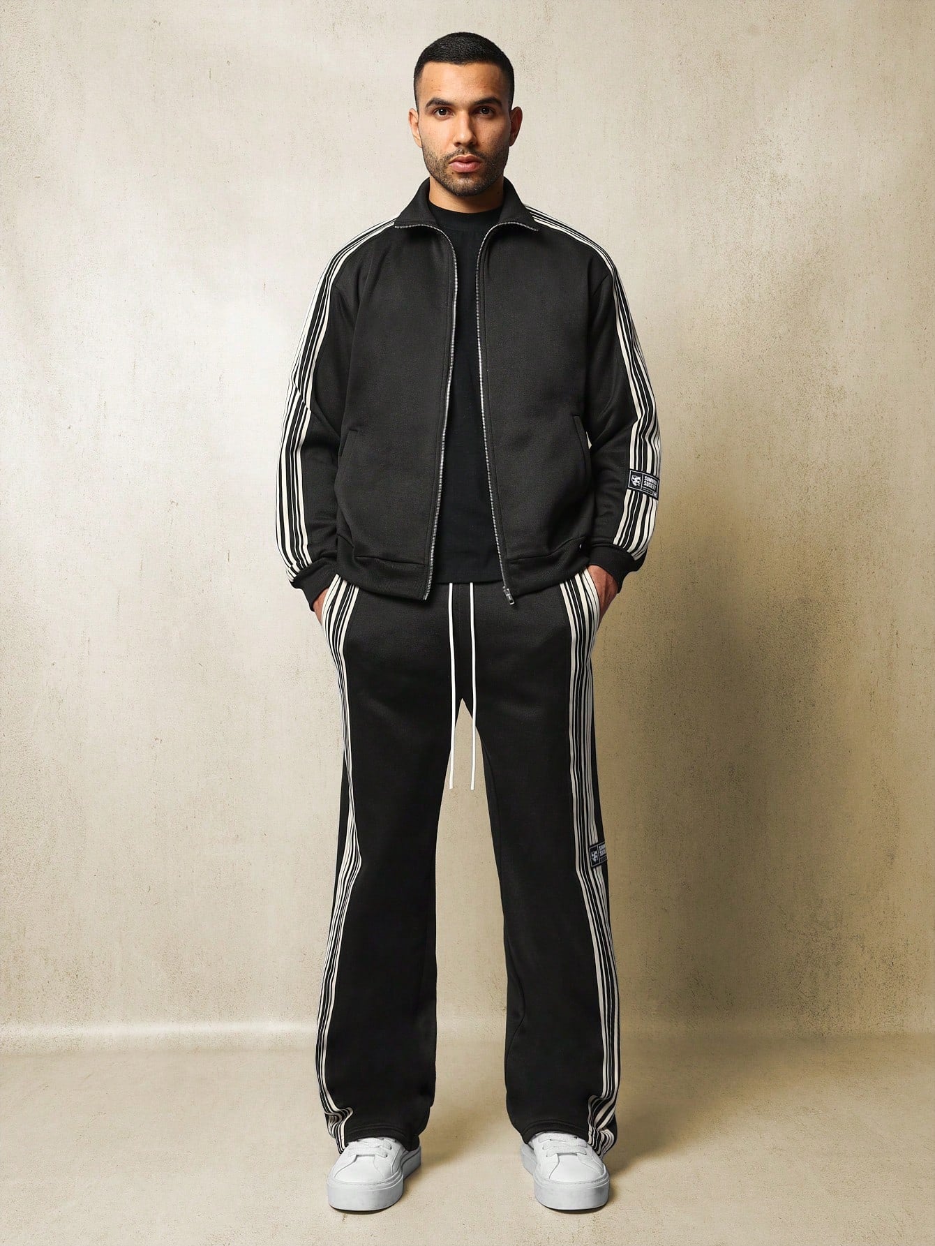 Regular Fit Zip-Up Funnel Neck Track Jacket And Drop Crotch Wide Leg Fit Sweatpants With Side Tape 2 Piece Set