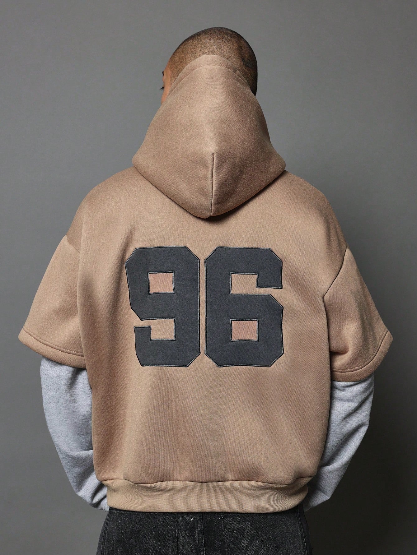 Oversized Fit Contrast Colour Double Sleeve Overhead Hoodie With Drawcords & Number Applique