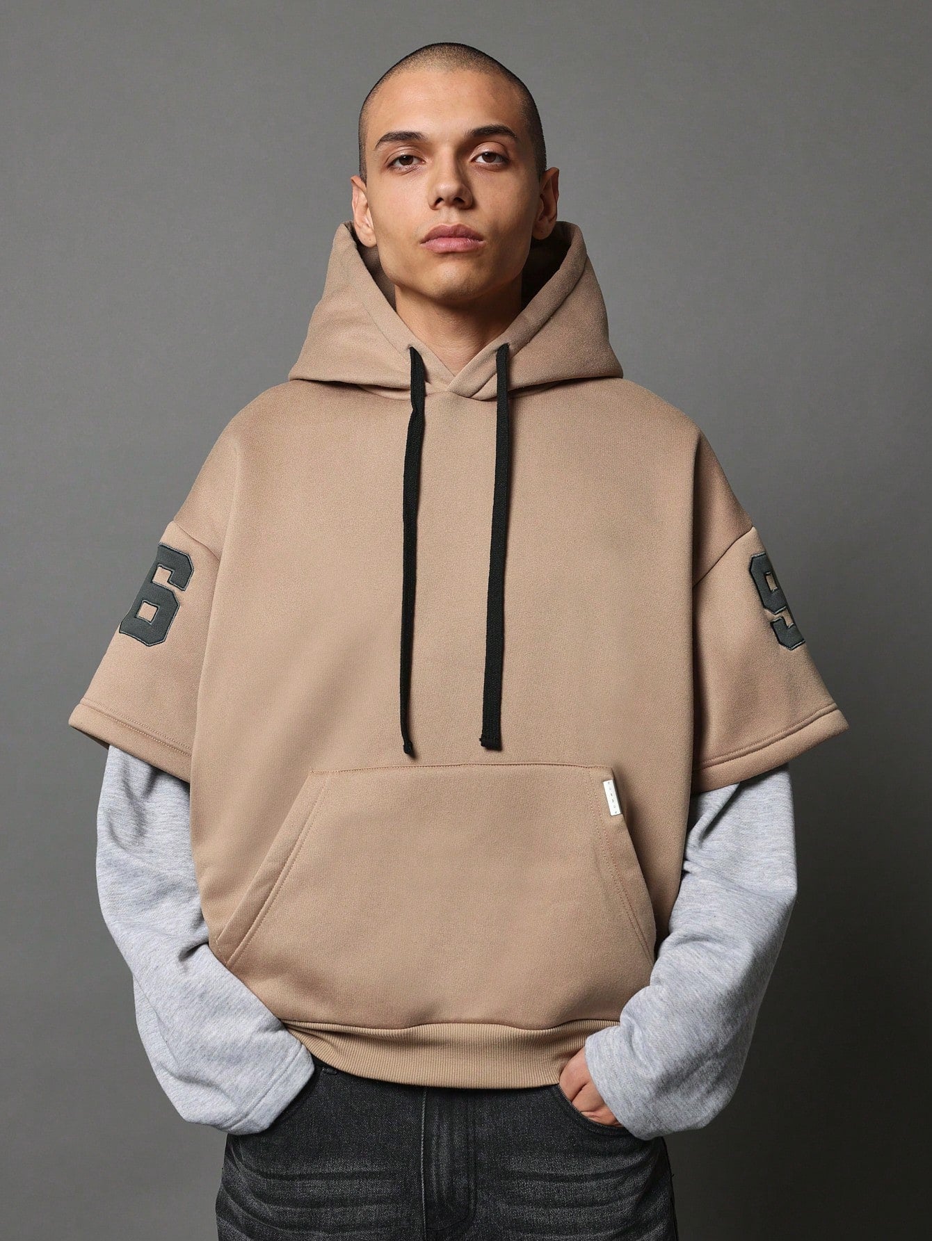 Oversized Fit Contrast Colour Double Sleeve Overhead Hoodie With Drawcords & Number Applique