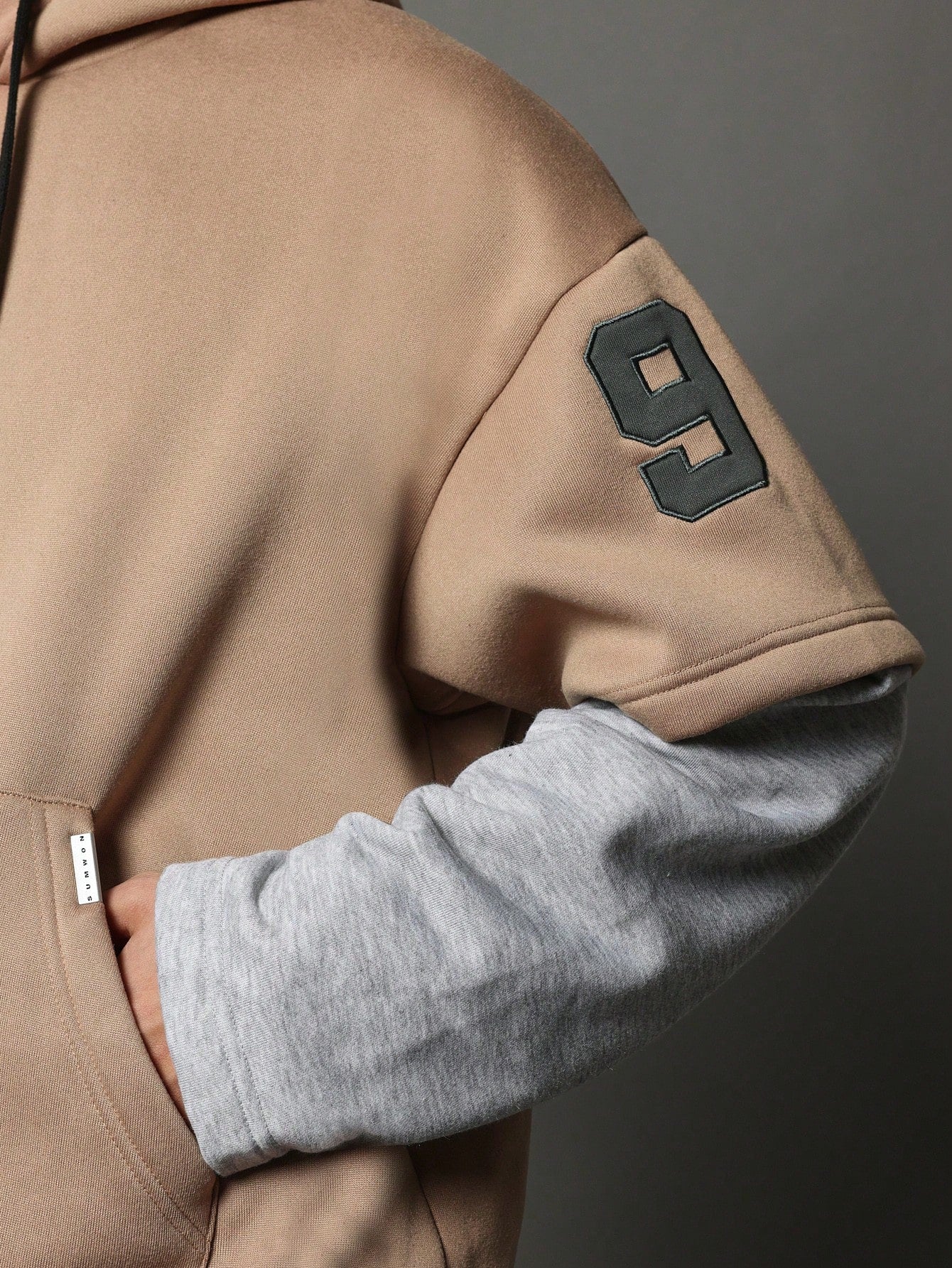 Oversized Fit Contrast Colour Double Sleeve Overhead Hoodie With Drawcords & Number Applique