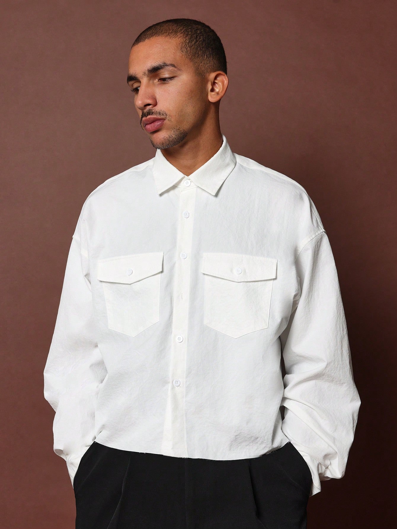 Crop Raw Hem Long Sleeve Utility Shirt