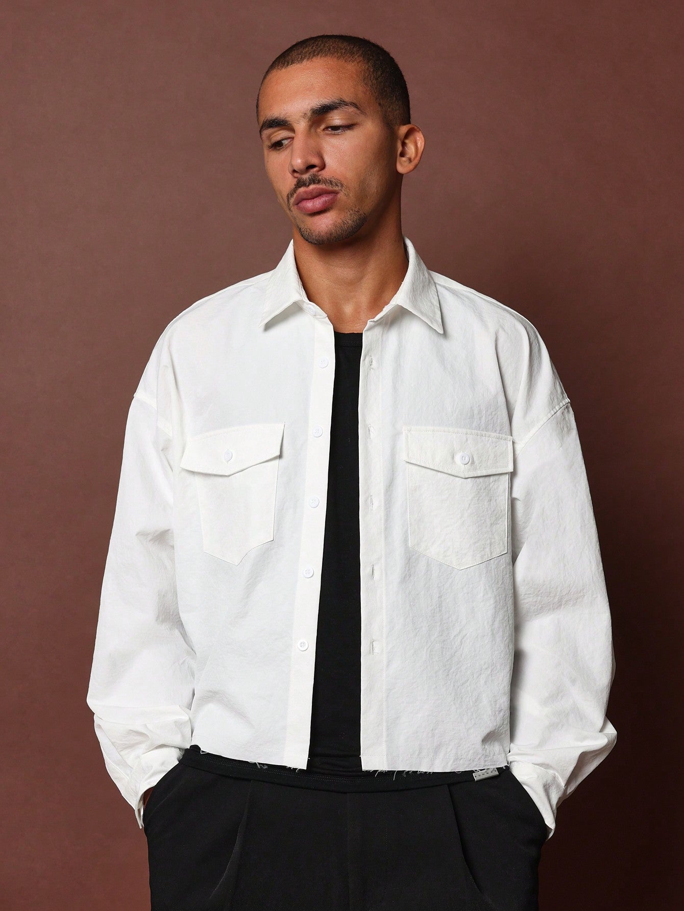 Crop Raw Hem Long Sleeve Utility Shirt