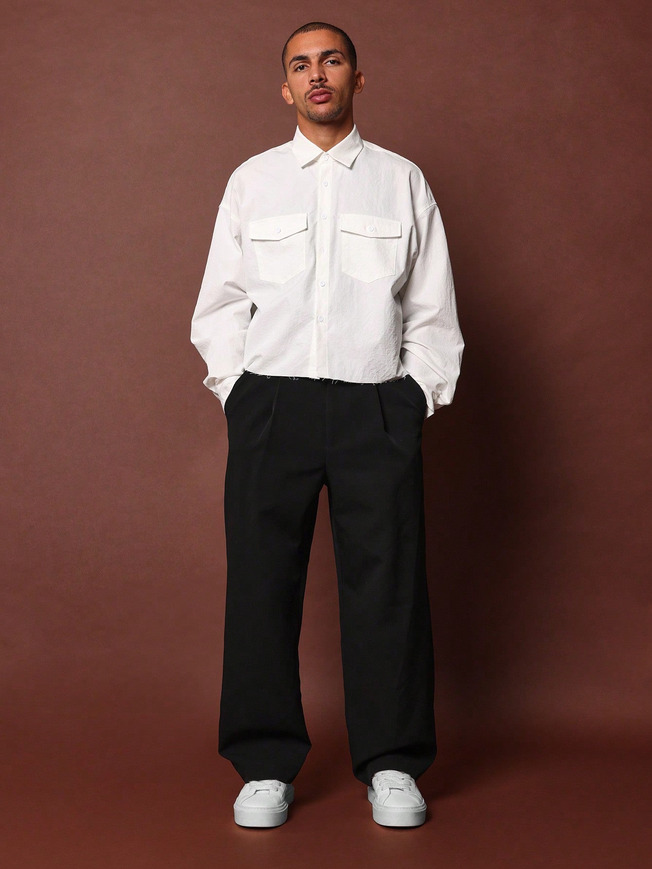 Crop Raw Hem Long Sleeve Utility Shirt