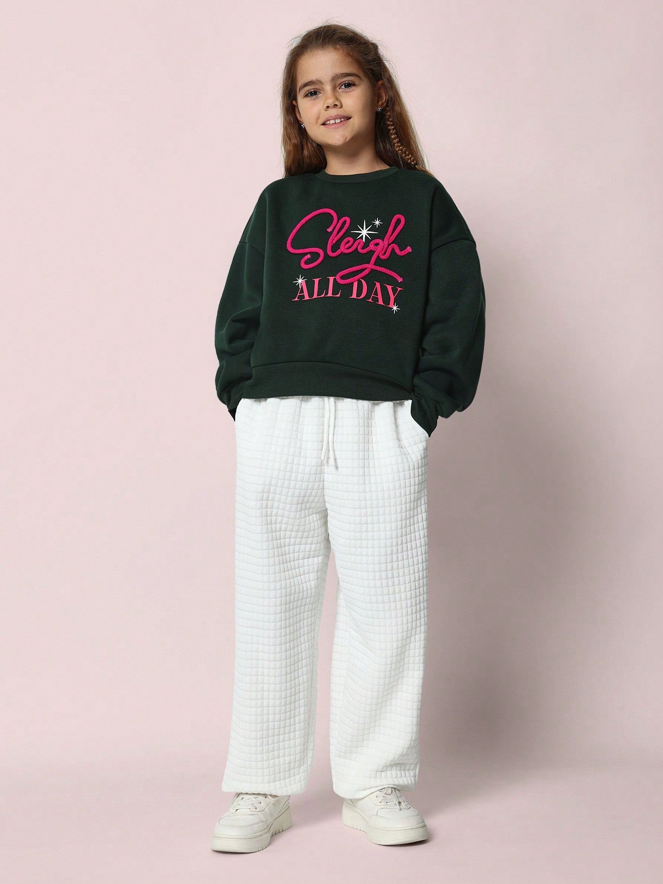 Tween Girls Comfy Christmas Regular Fit Sweatshirt With Sleigh All Day Cord Embroidery