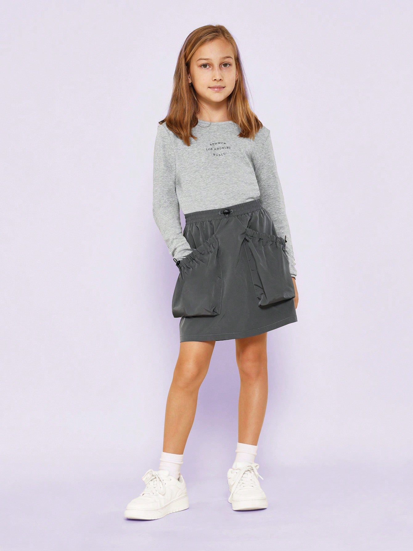 Tween Girls Relaxed Rib Long Sleeve Embroidered Tee & Skirt With Pocket 2 Piece Set