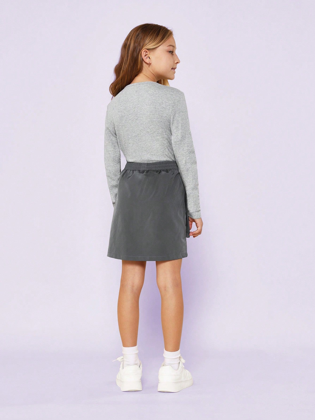 Tween Girls Relaxed Rib Long Sleeve Embroidered Tee & Skirt With Pocket 2 Piece Set