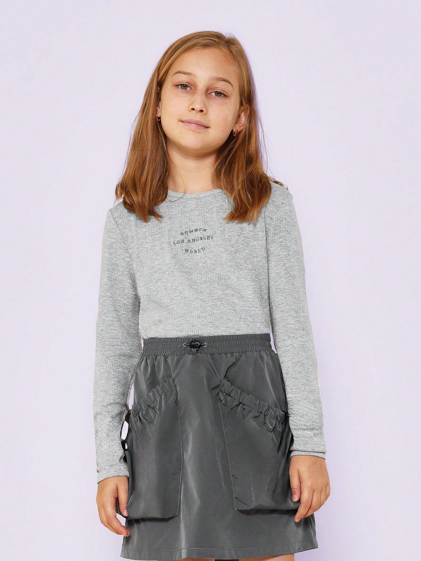 Tween Girls Relaxed Rib Long Sleeve Embroidered Tee & Skirt With Pocket 2 Piece Set