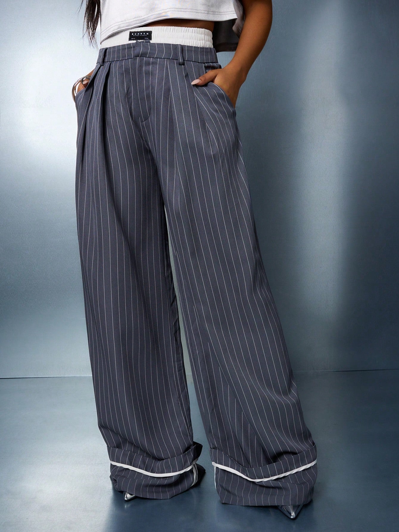 SUMWON WOMEN Wide Leg Pinstripe Turn Up Trousers