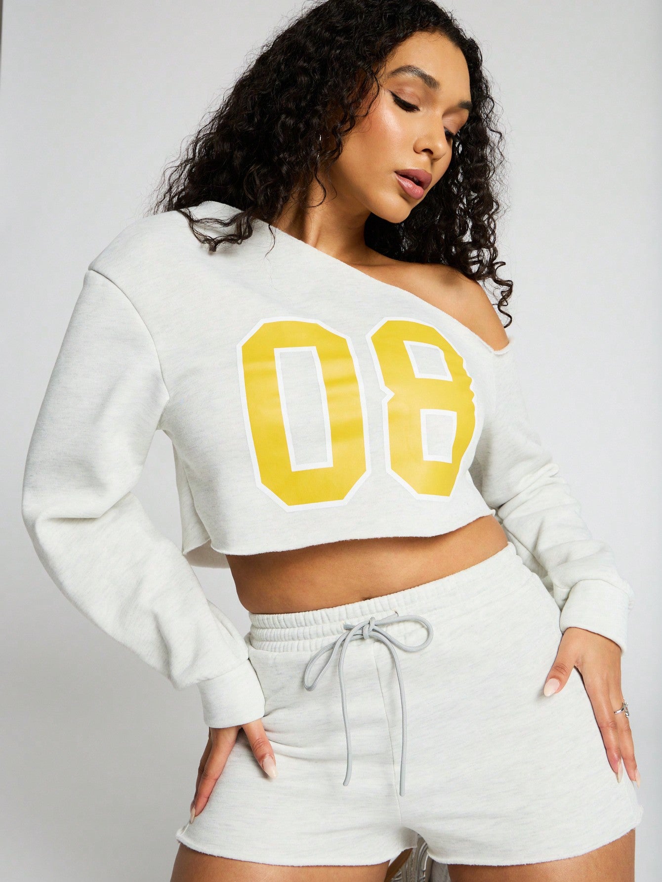 SUMWON WOMEN Slouchy Off Shoulder Crop Top And Booty Short Set