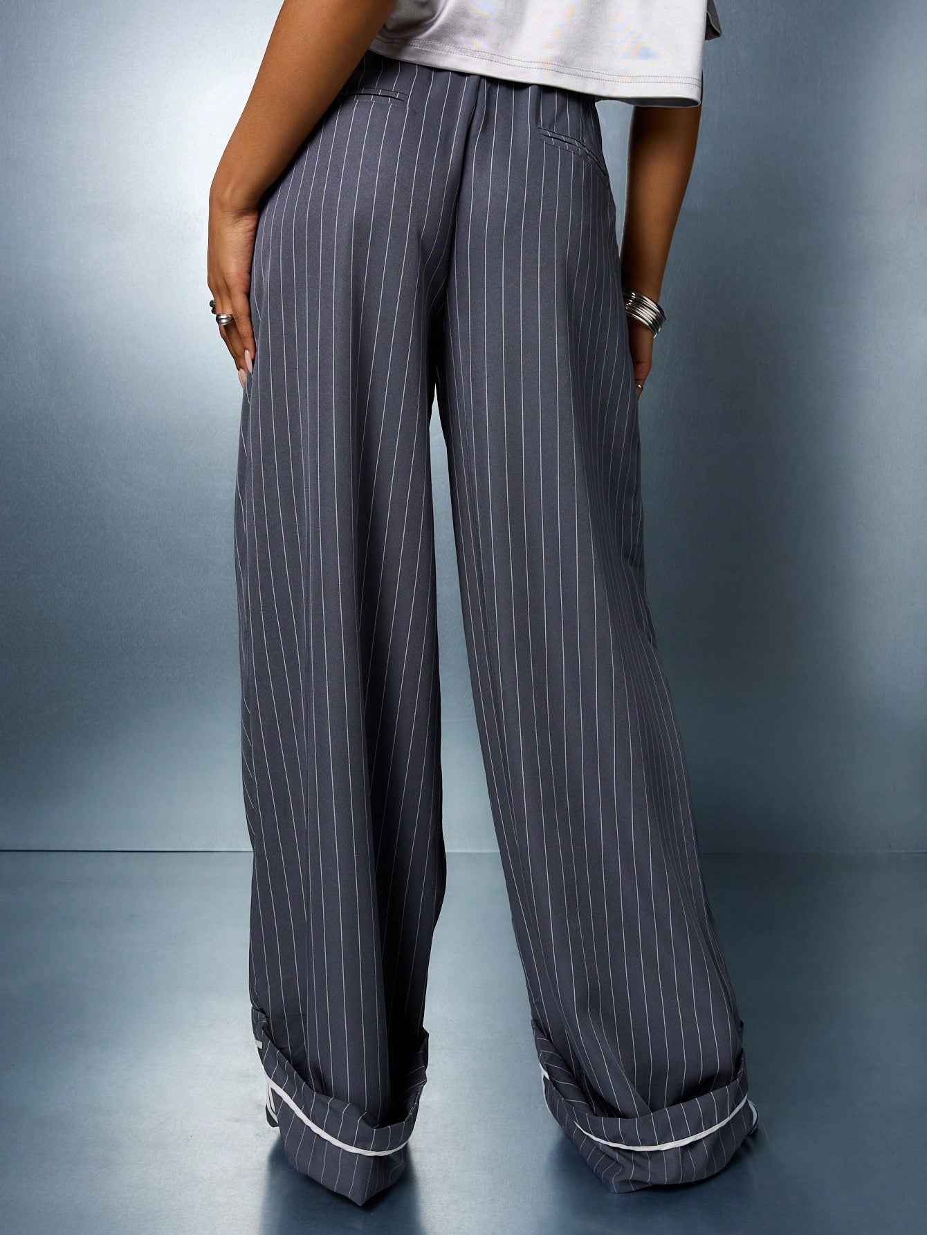 SUMWON WOMEN Wide Leg Pinstripe Turn Up Trousers