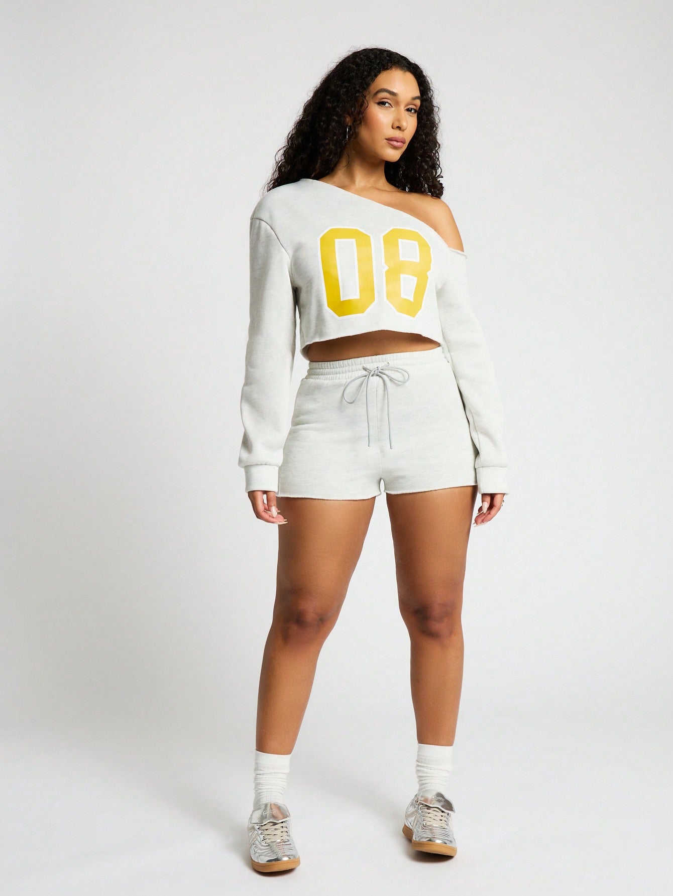 SUMWON WOMEN Slouchy Off Shoulder Crop Top And Booty Short Set