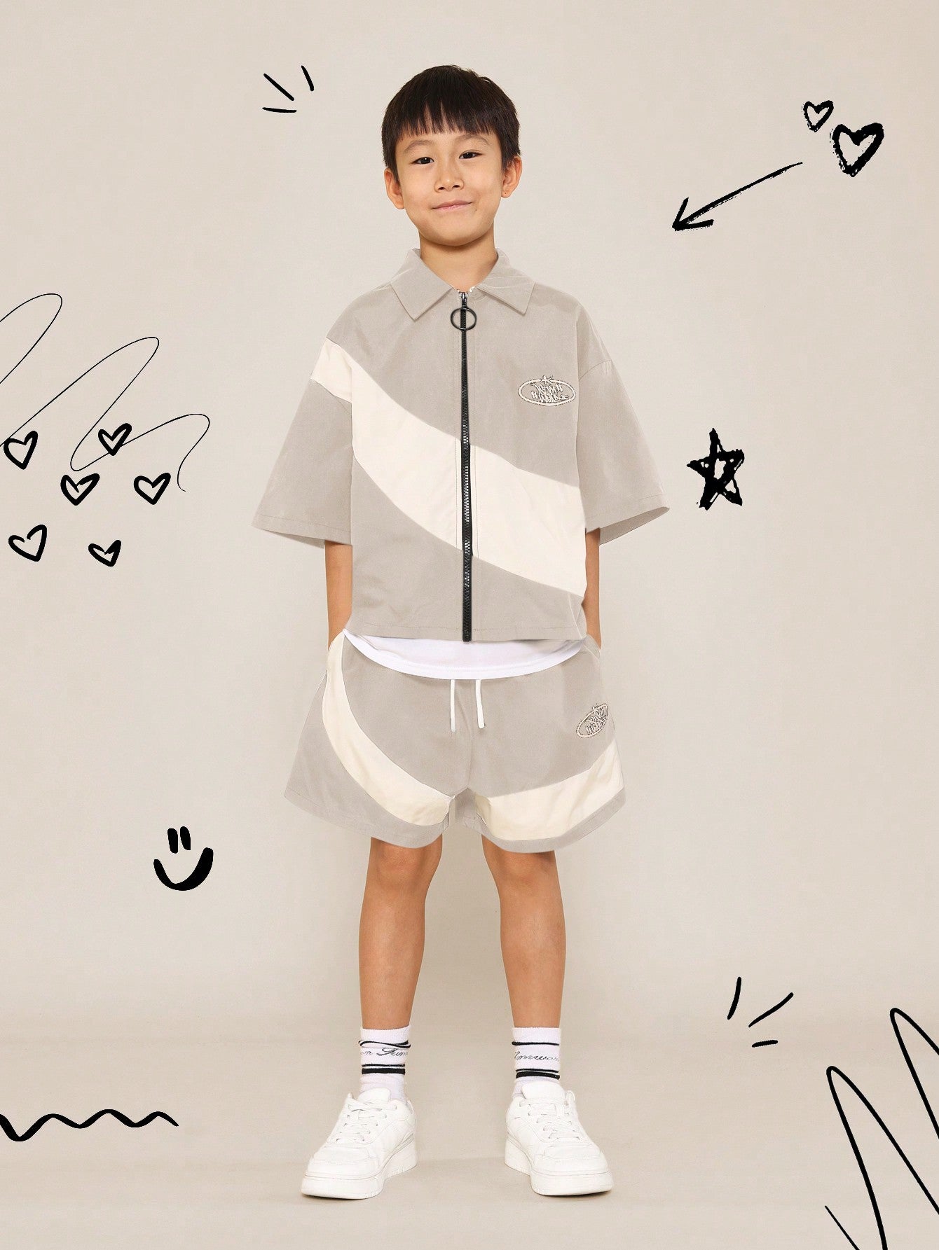 Tween Boys Boxy Fit Colour Block Zip Through Shirt And Short With Letter Graphic Print