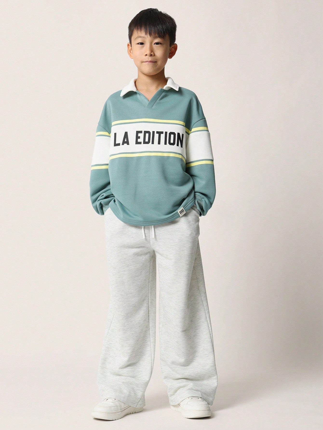 Tween Boys Relaxed Long Sleeve Colour Block Polo Sweatshirt & Wide Leg Sweatpants 2 Piece Set