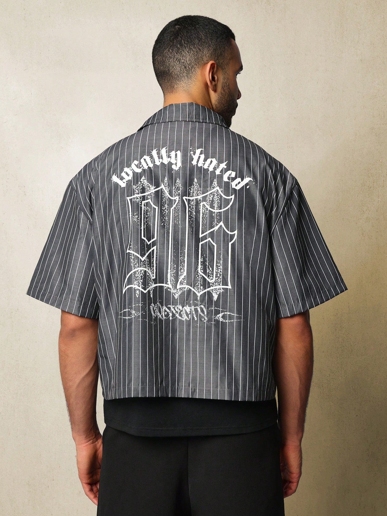 Boxy Fit Zip-Up Pinstripe Shirt With Graphic Print