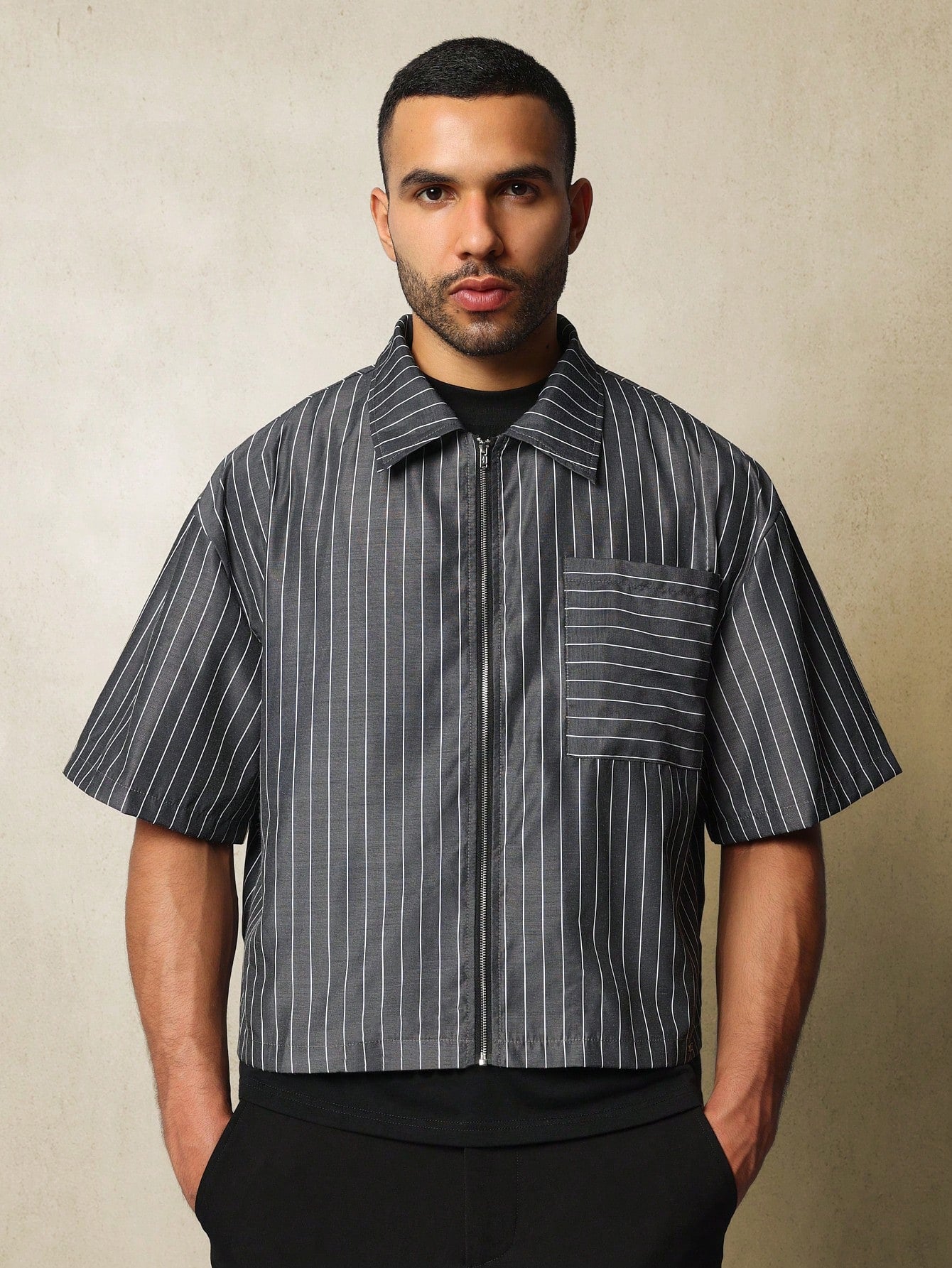 Boxy Fit Zip-Up Pinstripe Shirt With Graphic Print