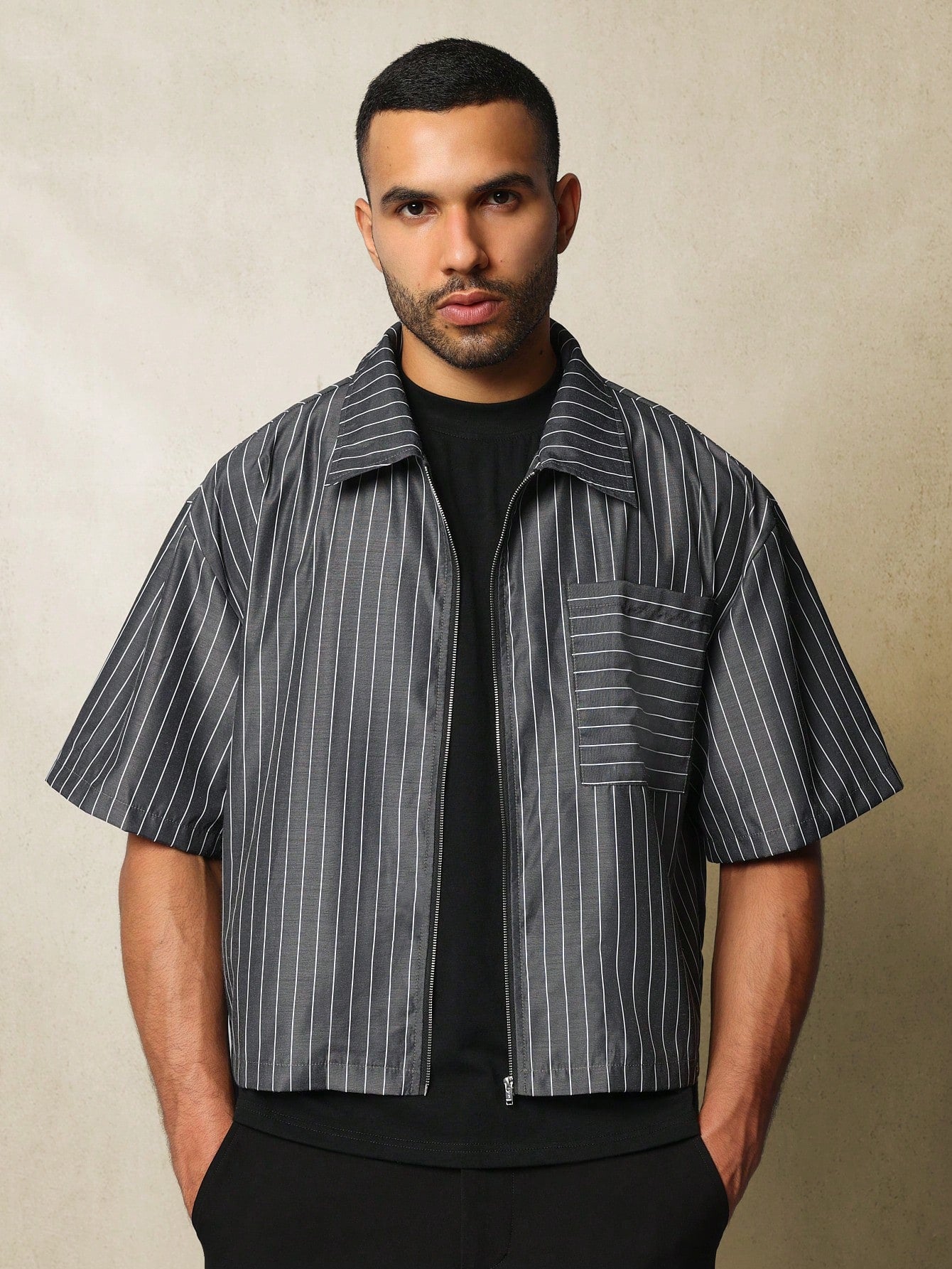 Boxy Fit Zip-Up Pinstripe Shirt With Graphic Print