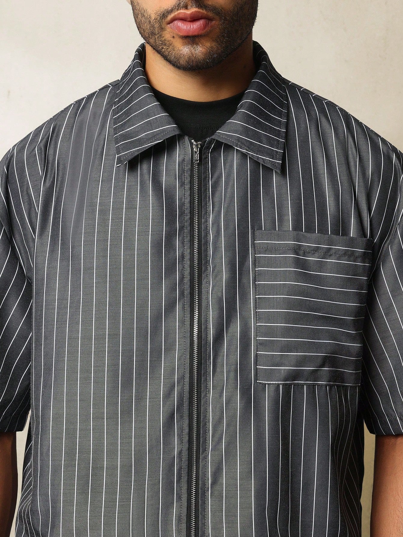 Boxy Fit Zip-Up Pinstripe Shirt With Graphic Print