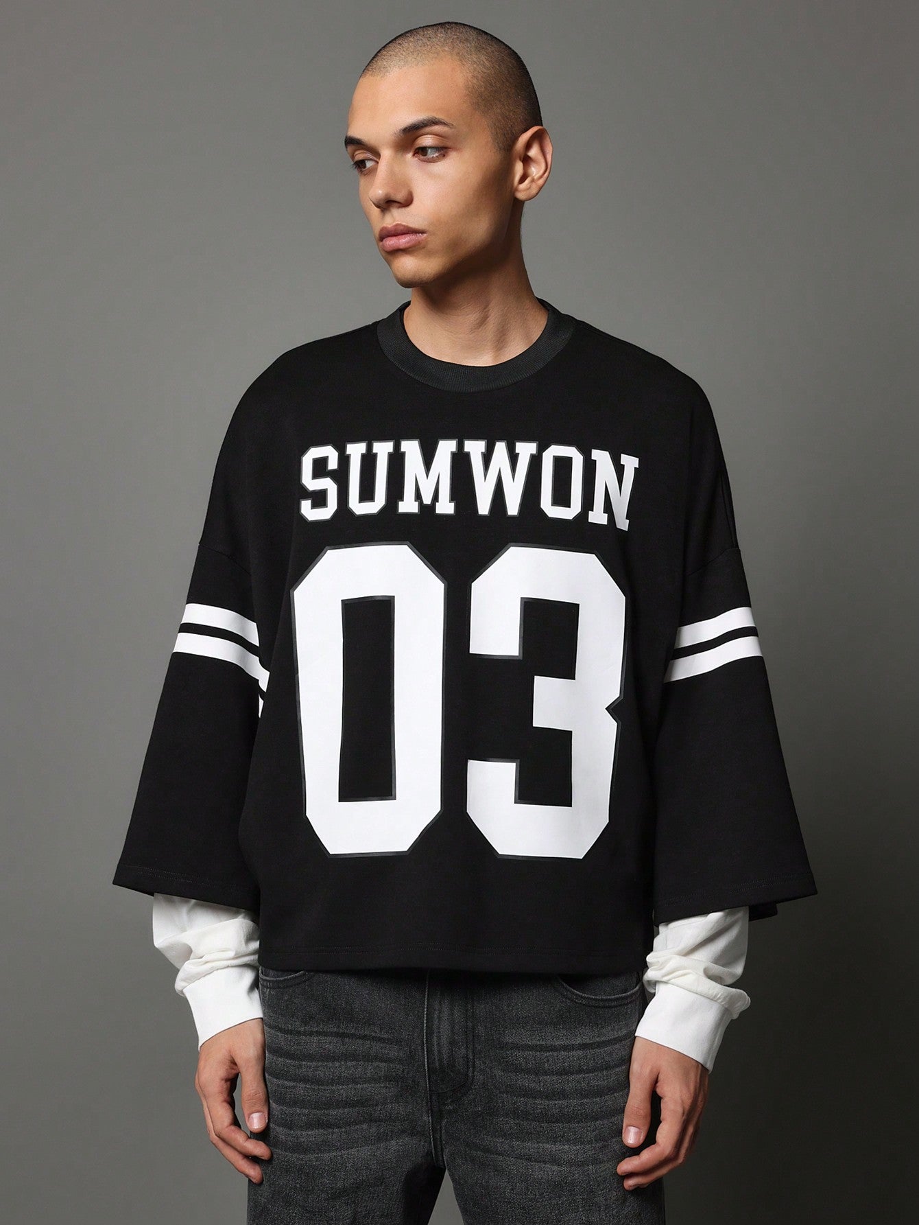 Oversized Elbow Sleeve Double Layer Jersey Tee With Graphic Print