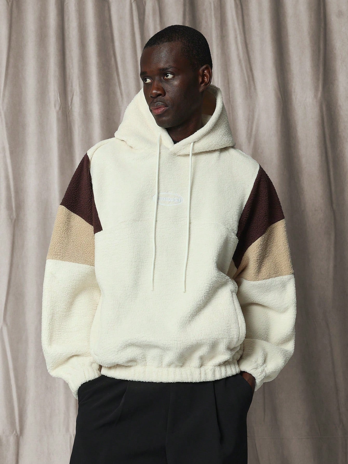 Oversized Overhead Colour Block Borg Hoodie With Embroidery