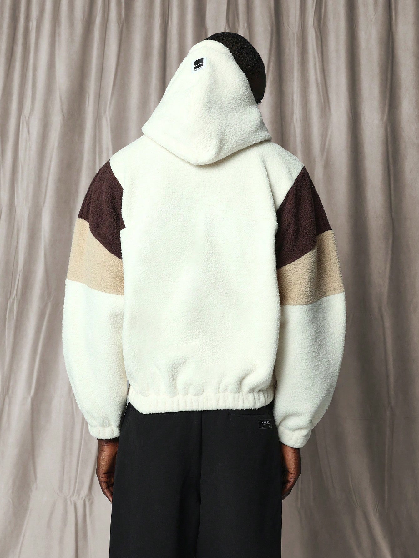 Oversized Overhead Colour Block Borg Hoodie With Embroidery