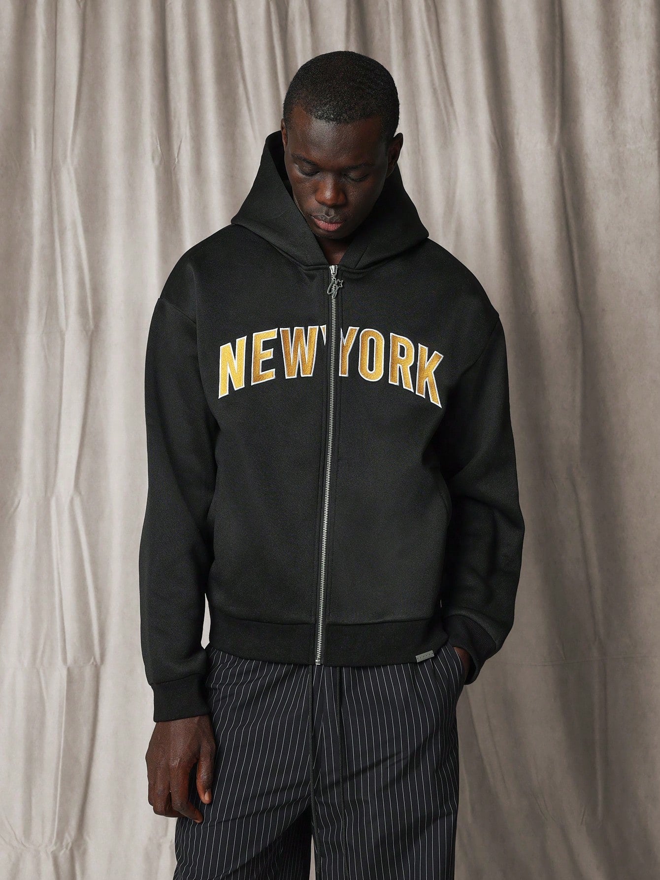 Regular Fit Zip-Up Hoodie With New York Embroidered Pattern