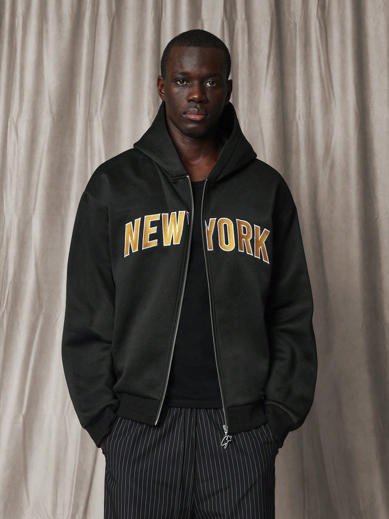 Regular Fit Zip-Up Hoodie With New York Embroidered Pattern