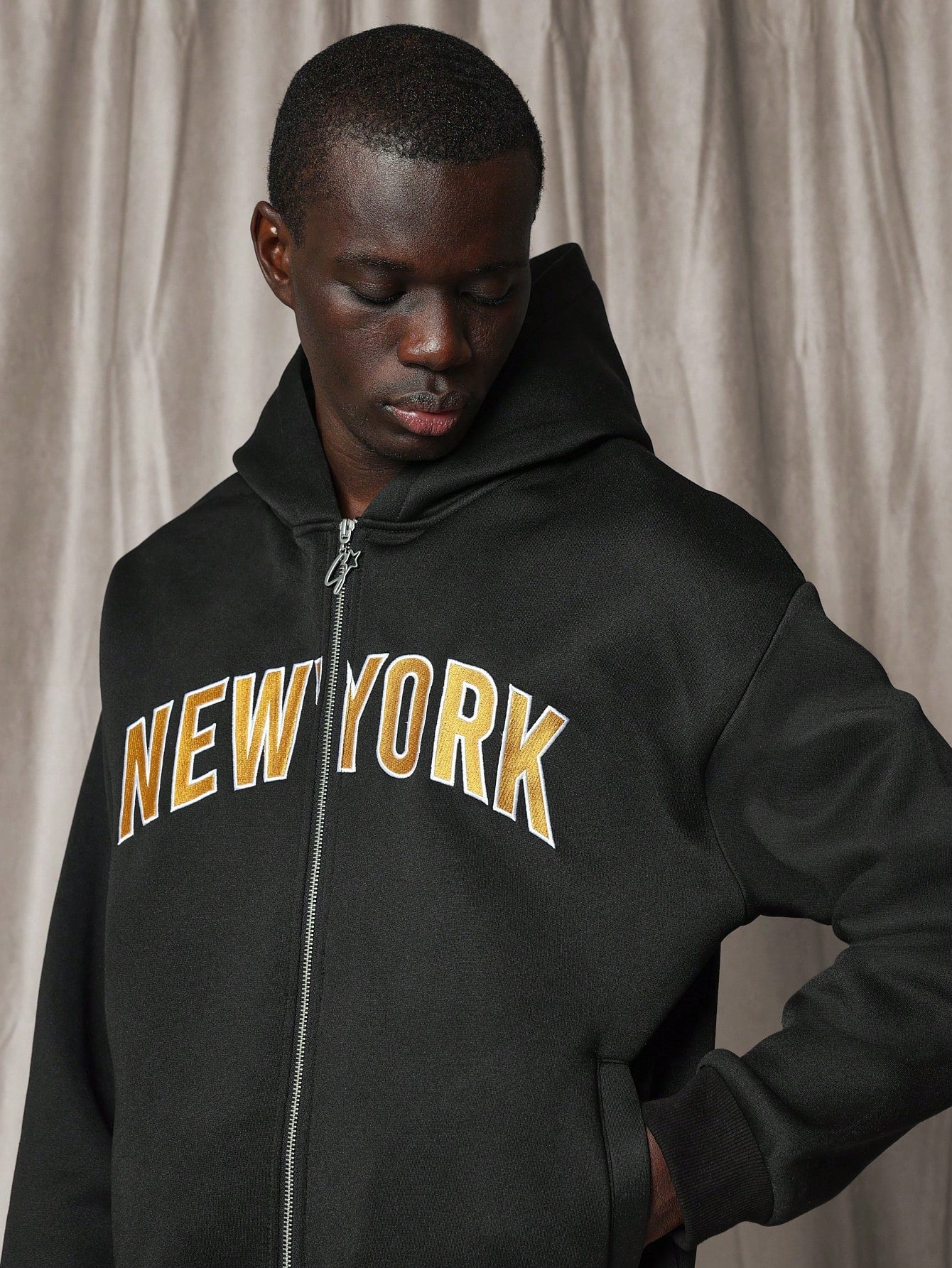 Regular Fit Zip-Up Hoodie With New York Embroidered Pattern