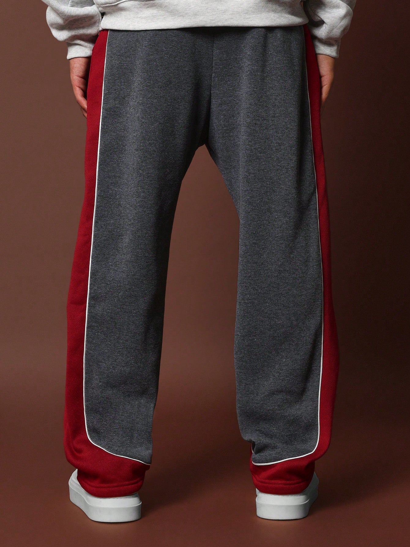 Wide Fit Drop Crotch Colour Block Panel Sweatpants With Embroidered Applique & Piping