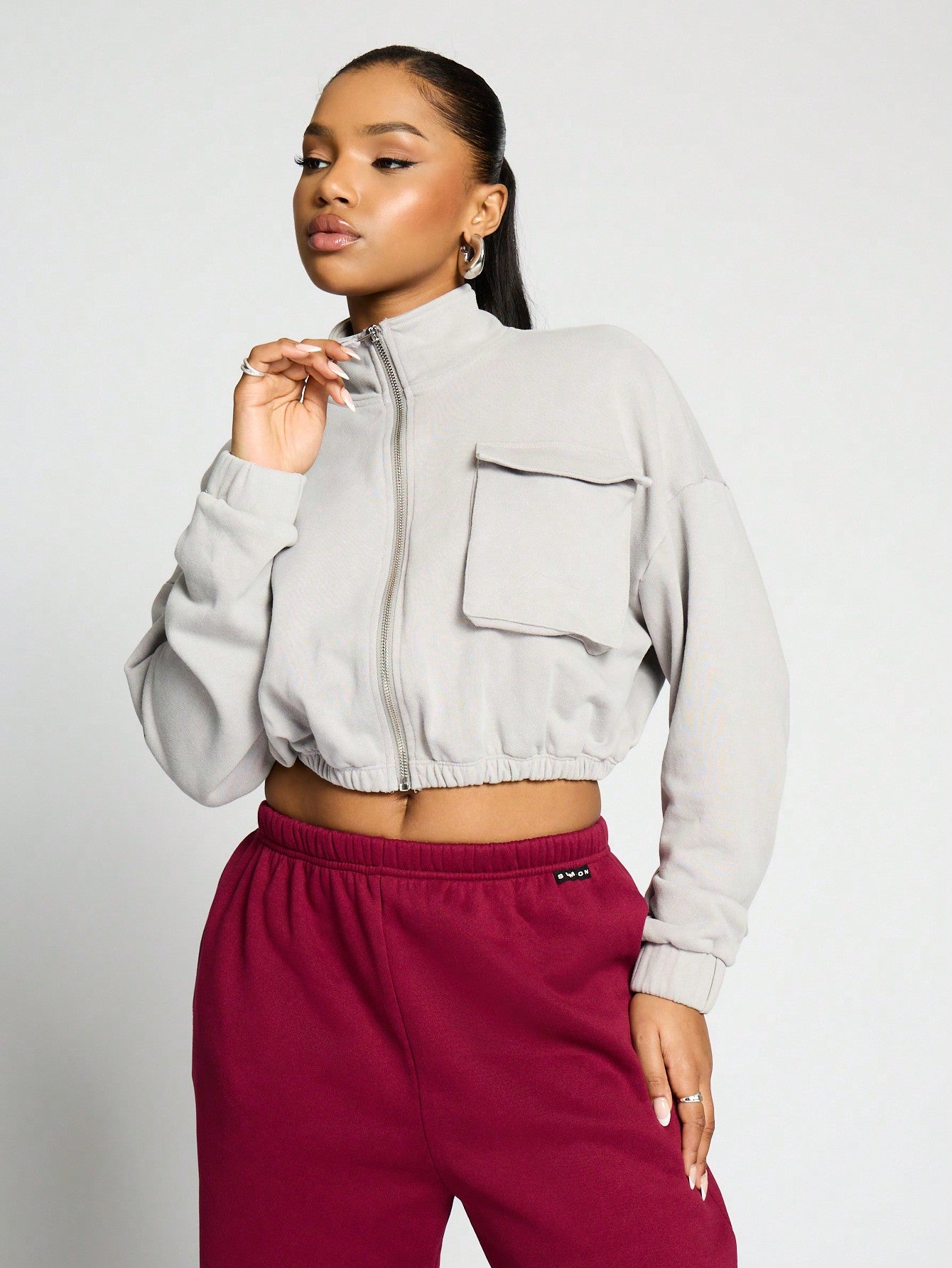 SUMWON WOMEN Zip Through High Neck Crop Sweatshirt With Front Pocket Detail