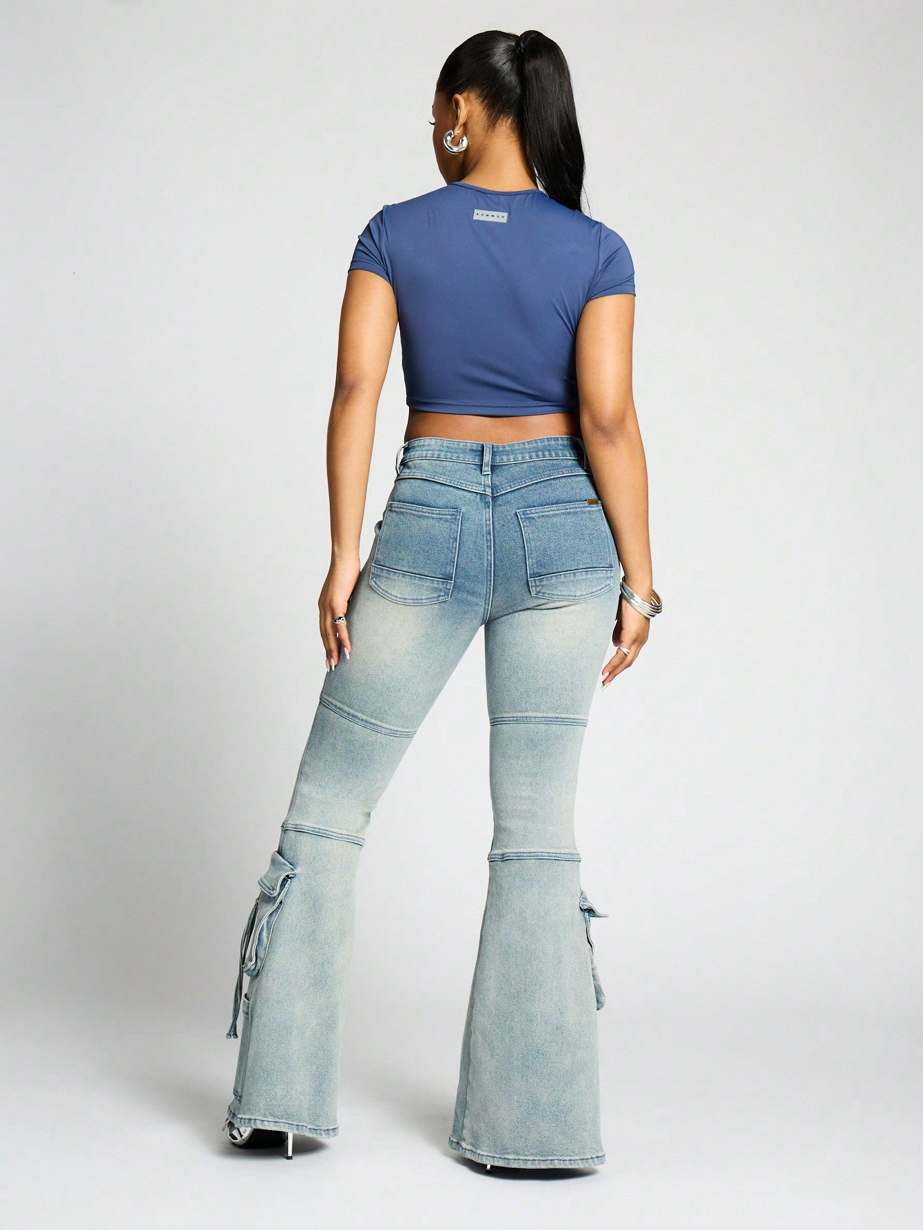 SUMWON WOMEN Washed Low Rise Flared Cargo Jeans With Stitch Detail