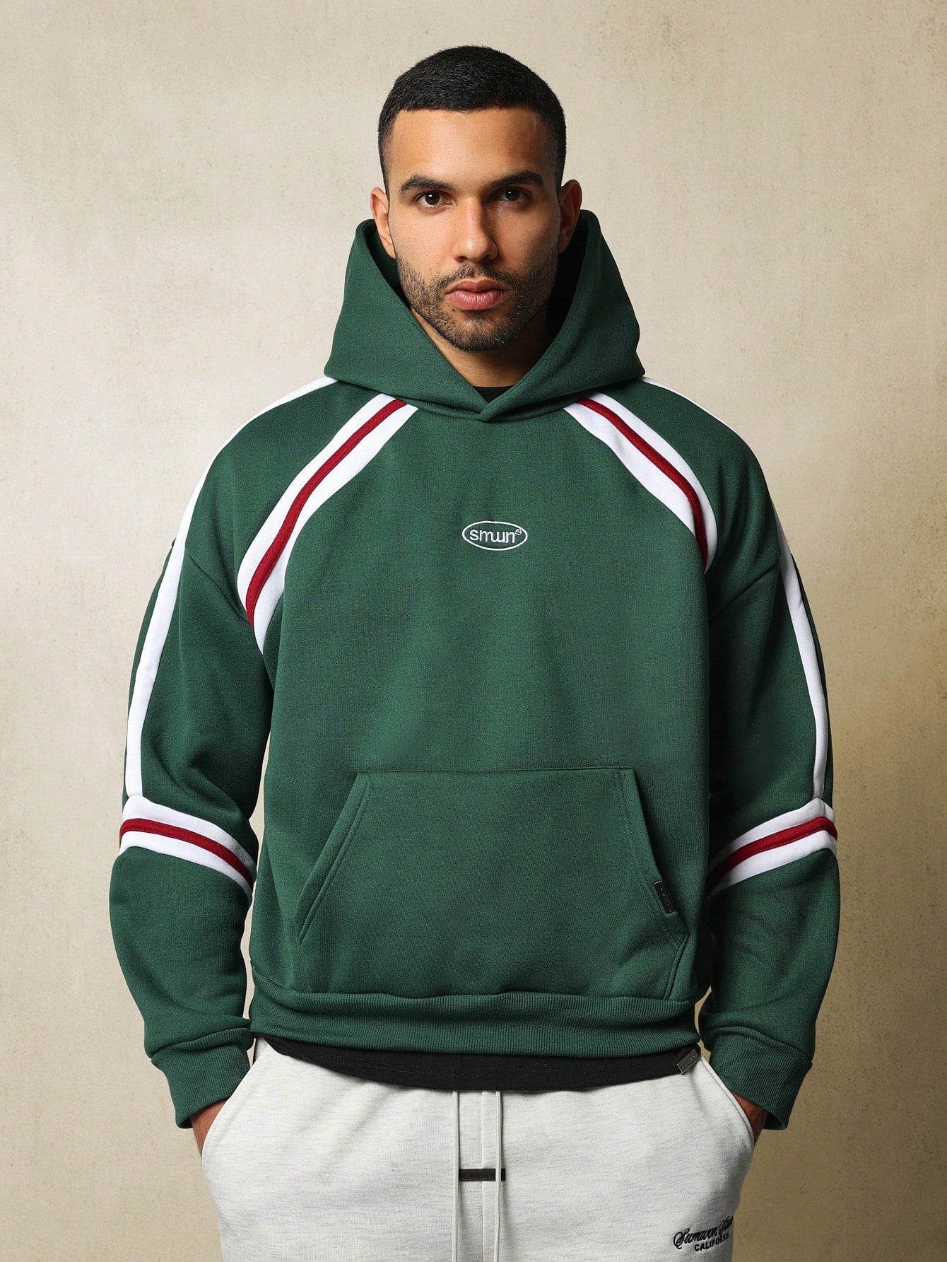 Crop Overhead Colour Block Panel Hoodie With Embroidery